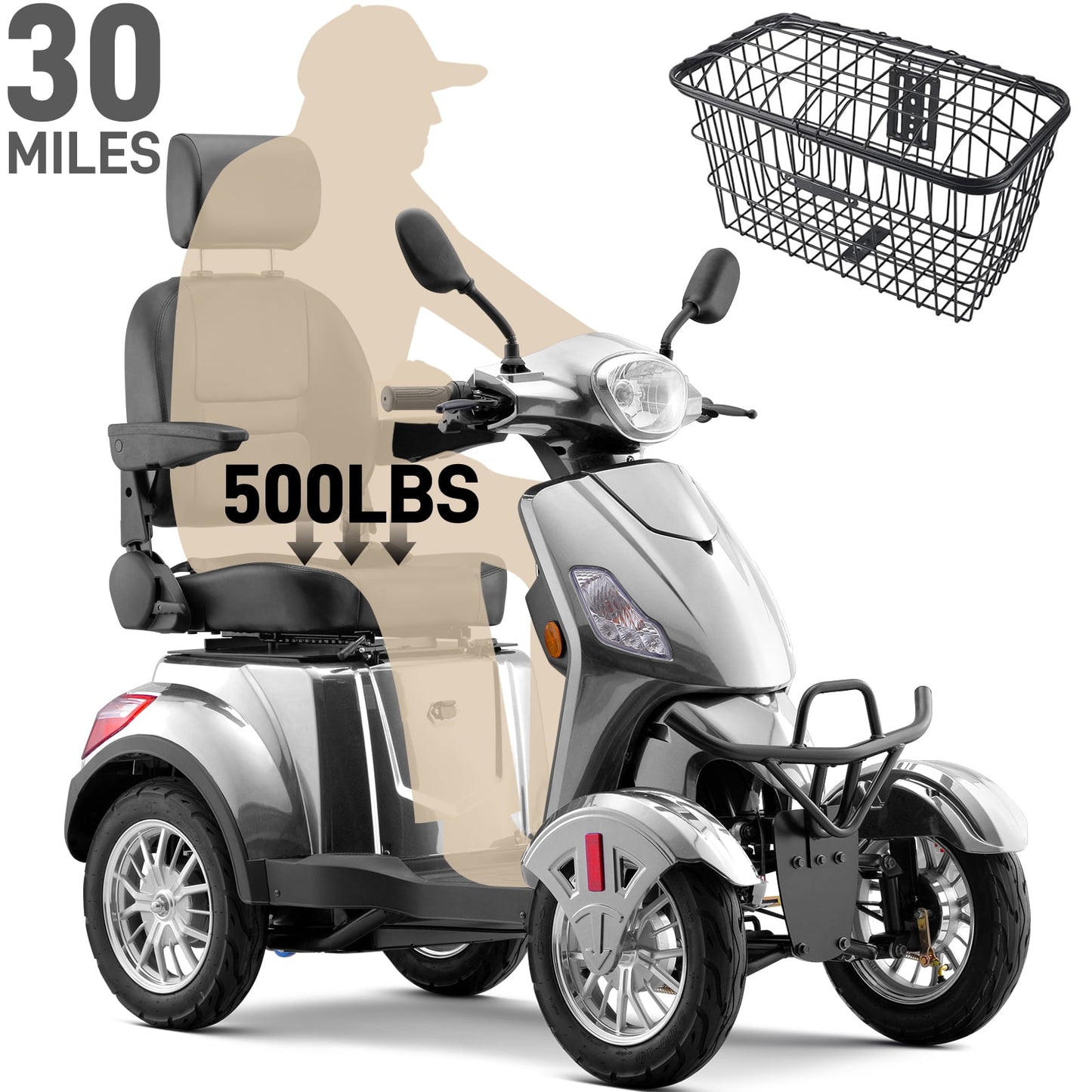 Arshin Heavy Duty 4 Wheel Mobility Scooters for Seniors & Adults 500lbs Capacity,800W All Terrain Electric Recreational Scooter