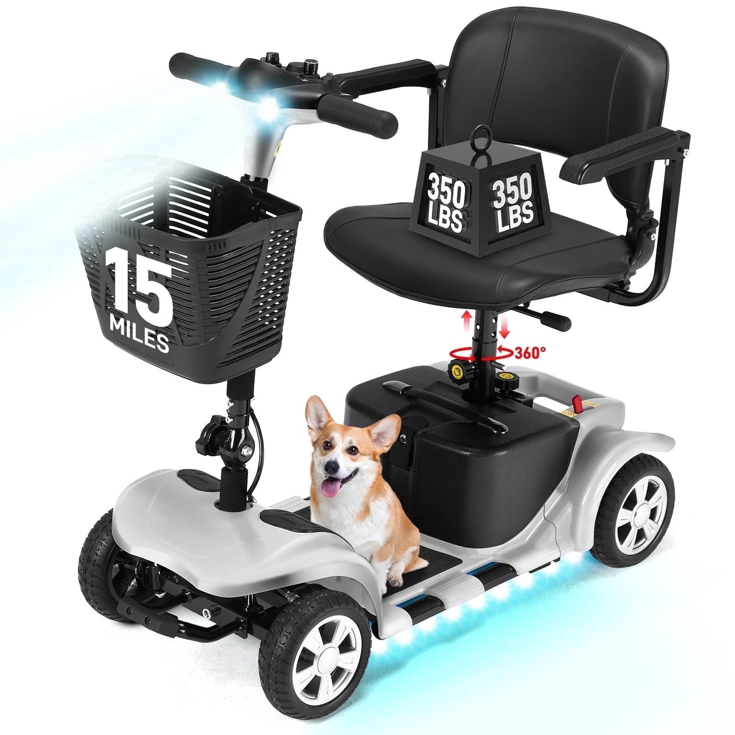 Arshin Mobility Scooters for Seniors,4 Wheels Mobility Scooters Lightweight and Portable,180W 24V Motor,Suitable for Travel,Adults,Elderly(Silver)