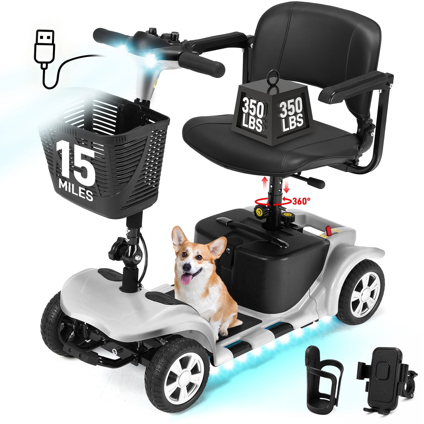 Arshin Mobility Scooters for Seniors,4 Wheels Mobility Scooters Lightweight and Portable,180W 24V Motor,Suitable for Travel,Adults,Elderly(Silver)