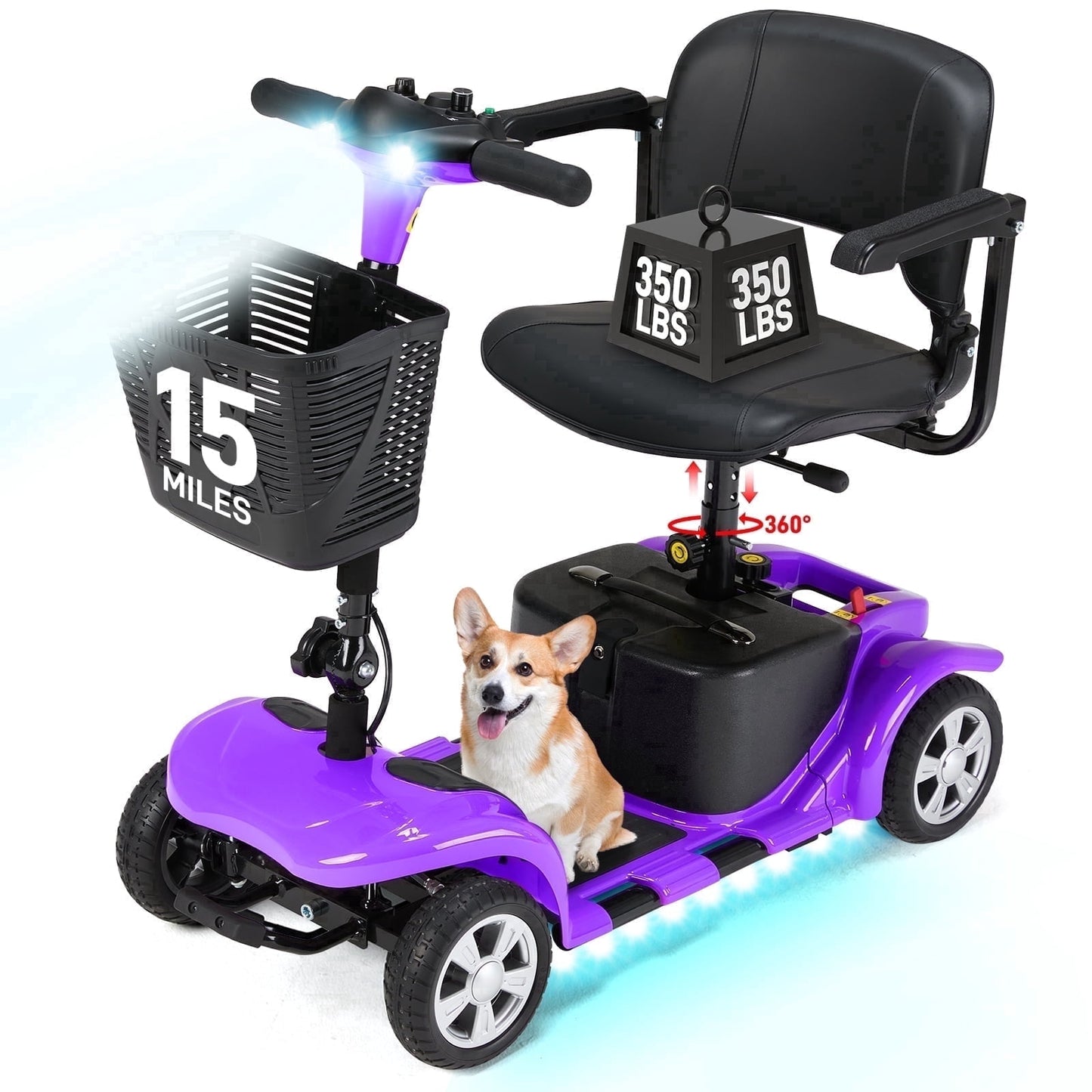 Arshin Mobility Scooters for Seniors,4 Wheels Mobility Scooters Lightweight and Portable,180W 24V Motor,Suitable for Travel,Adults,Elderly(Purple)