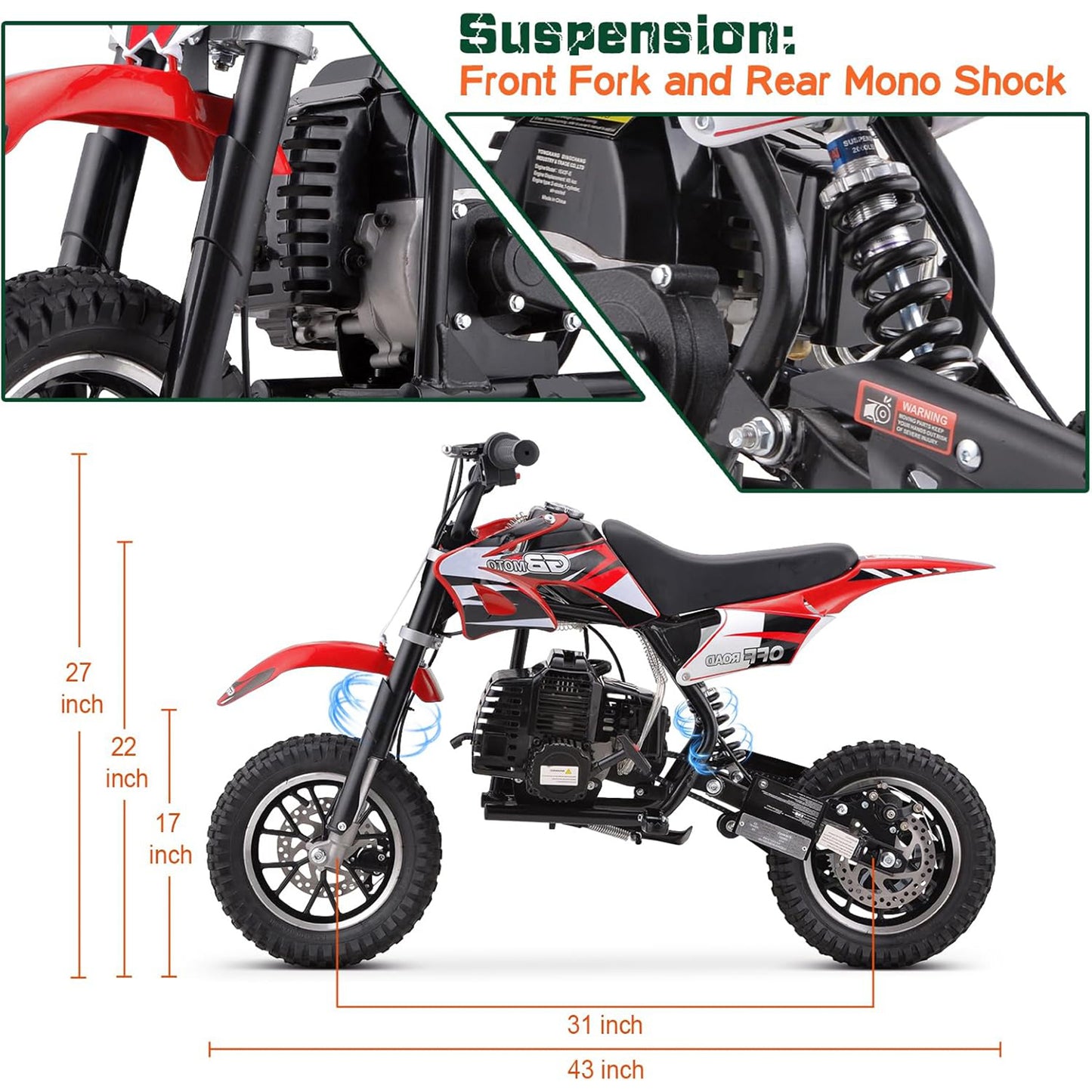 Kids Mini 50CC Gas Dirt Bike, DB1 Model 2 Stroke Ride on Bike with Off-Road Tire, Shocks, Pull Start, Oil Mixed Required, Support Up to 165lbs