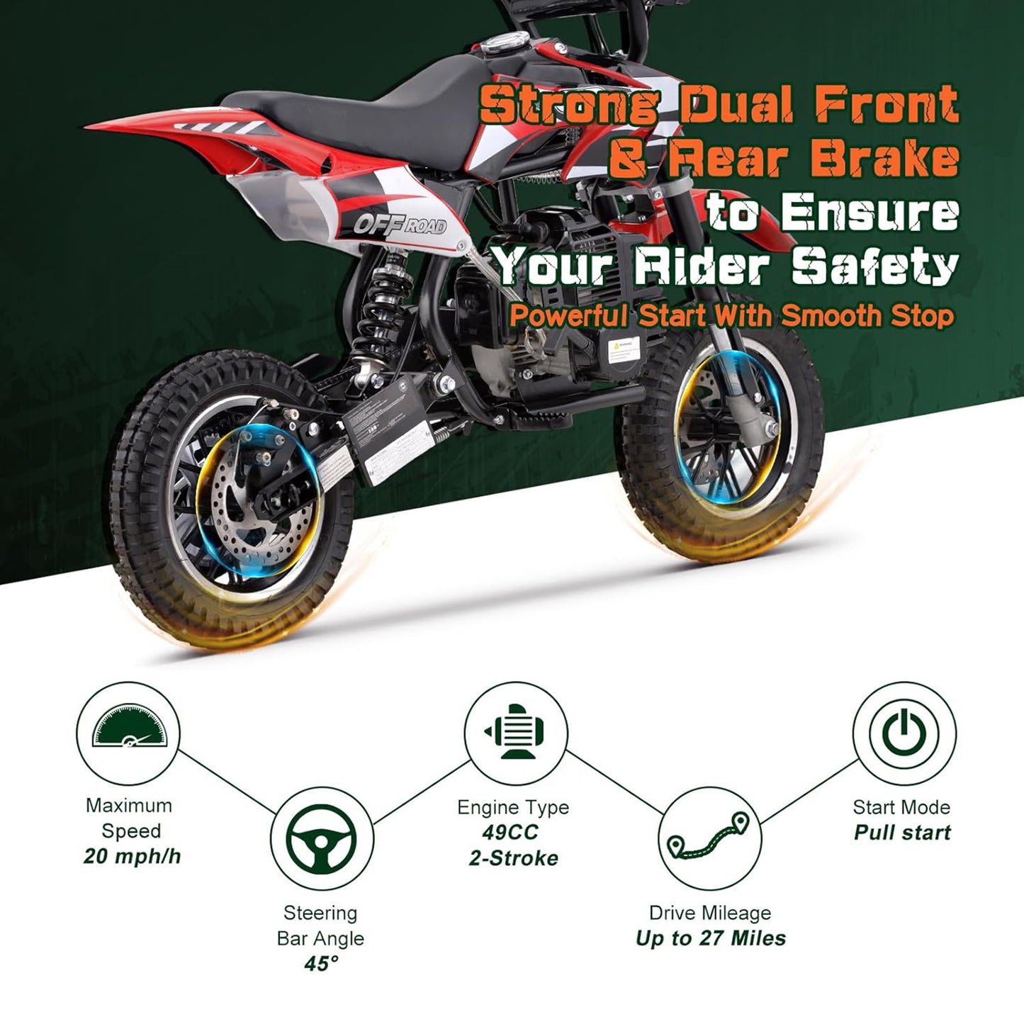 Kids Mini 50CC Gas Dirt Bike, DB1 Model 2 Stroke Ride on Bike with Off-Road Tire, Shocks, Pull Start, Oil Mixed Required, Support Up to 165lbs