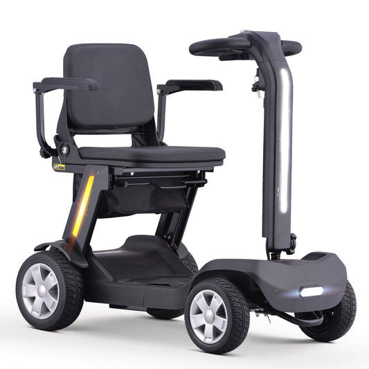 SKRT Foldable Mobility Scooter for Adults & Senior, 4 Wheels Powered Device for Travel, Lightweight and Portable, with LED Strip Light, Storage Bag, Charger Included, No Assemble required