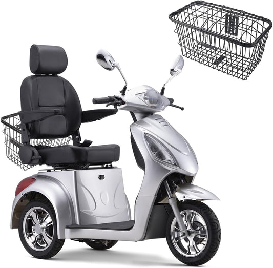 Super Large Electric 3 Wheel Mobility Scooters, Heavy Duty 800W Wheelchair Device, 500 LBS Capacity for Seniors & Adults, Speed Adjust, Remote Key, Receive Ready to Ride.（Sliver）