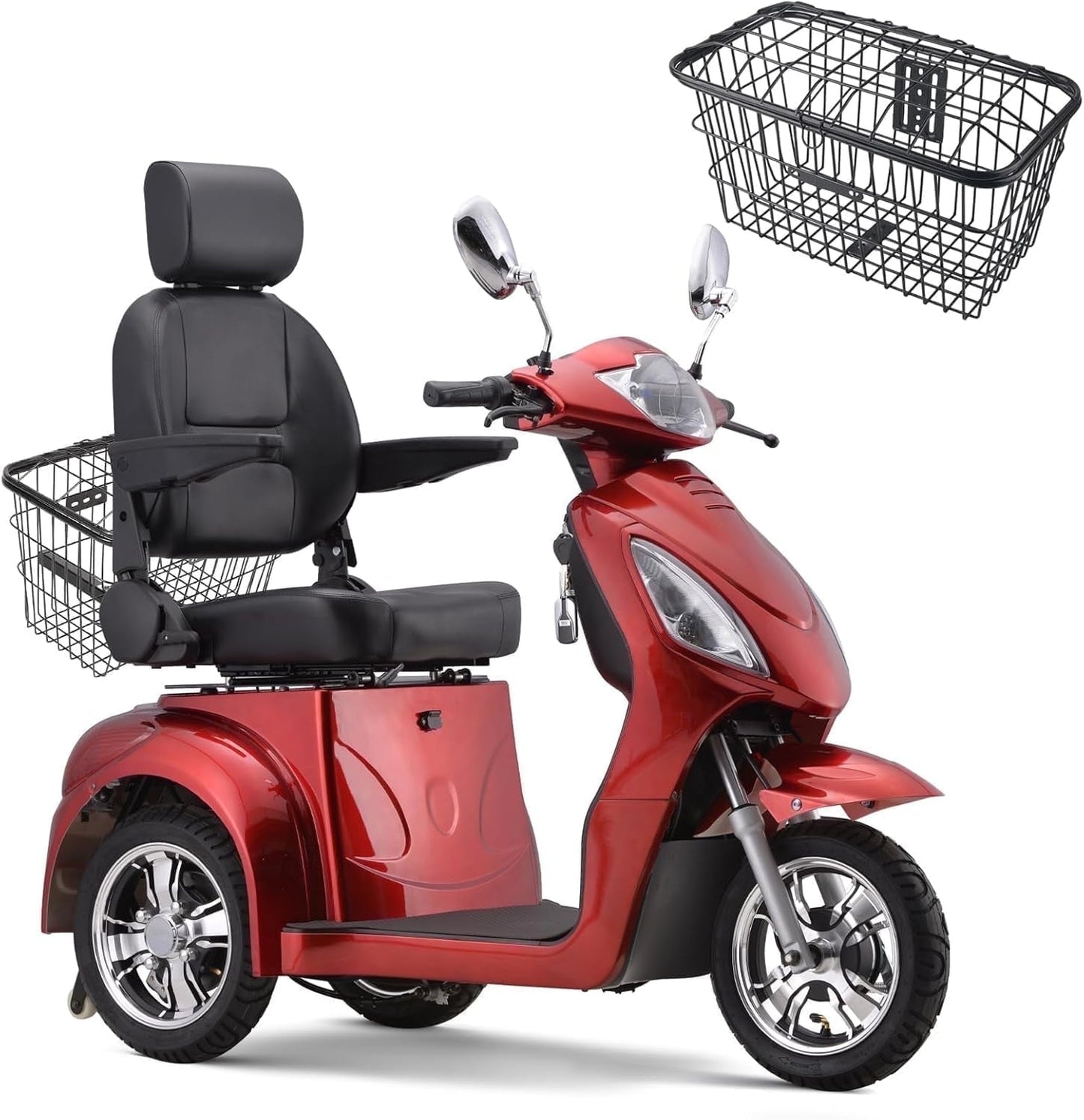 Super Large Electric 3 Wheel Mobility Scooters, Heavy Duty 800W Wheelchair Device, 500 LBS Capacity for Seniors & Adults, Speed Adjust, Remote Key, Receive Ready to Ride.（Red）