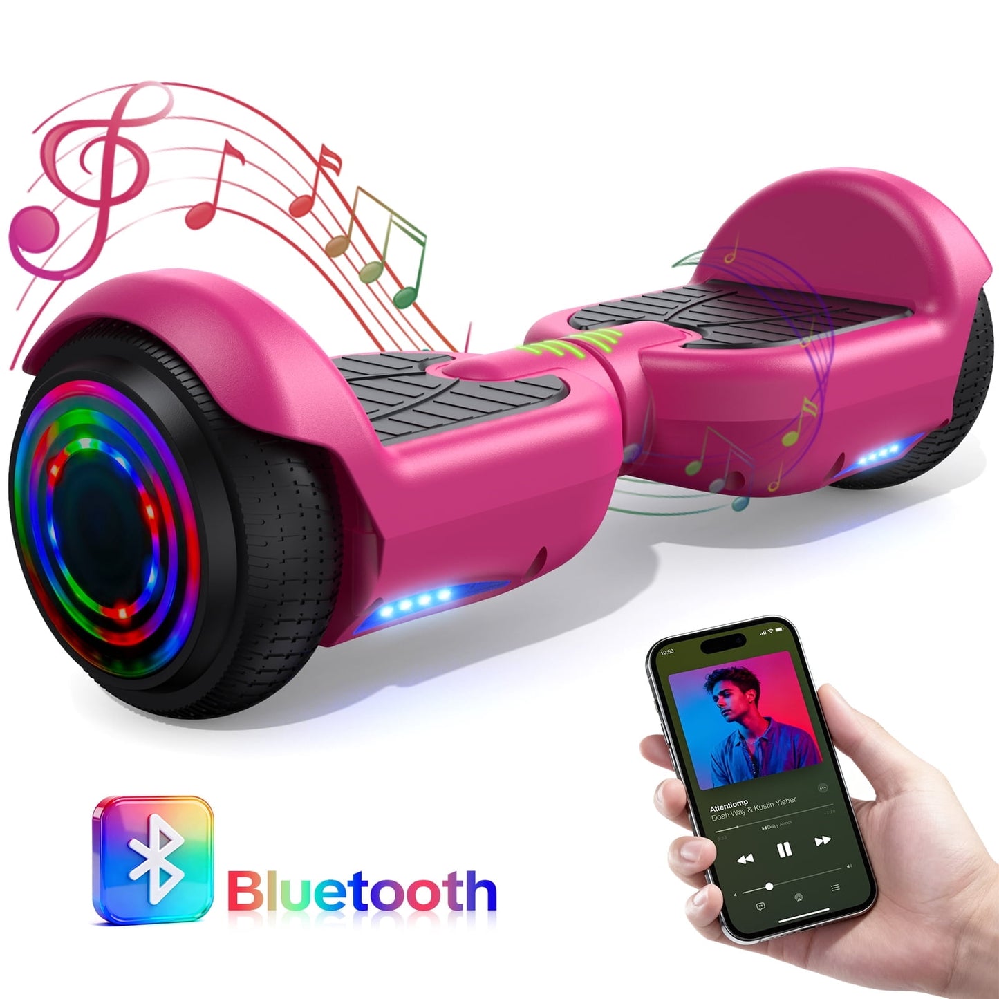 Tcdjtc Hoverboard with 9 Mph Max Speed, Electric Scooter with Bluetooth Speakers and LED Lights