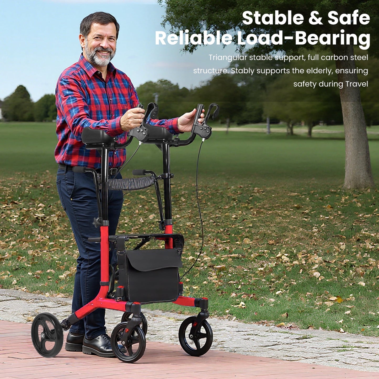 All Terrain Upright Walker with Flat-Free Solid Rubber Tires,Outdoor Stand Up Walker for Seniors,Tall Standing Rollator with Seat,450 lb Capacity,22 lbs Lightweight,Foldable Footrest(Blue)