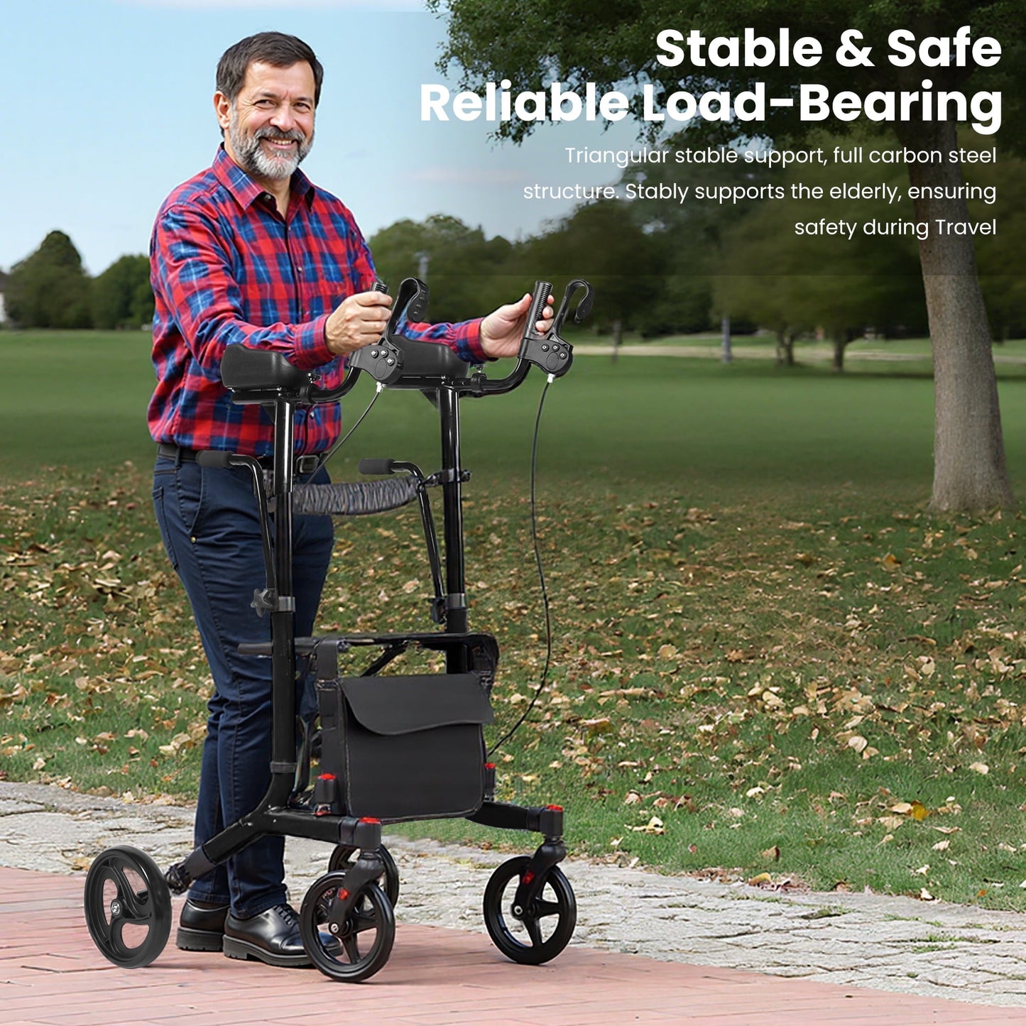 All Terrain Upright Walker with Flat-Free Solid Rubber Tires,Outdoor Stand Up Walker for Seniors,Tall Standing Rollator with Seat,450 lb Capacity,22 lbs Lightweight,Foldable Footrest(Blue)