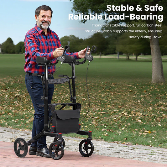 All Terrain Upright Walker with Flat-Free Solid Rubber Tires,Outdoor Stand Up Walker for Seniors,Tall Standing Rollator with Seat,450 lb Capacity,22 lbs Lightweight,Foldable Footrest(Blue)