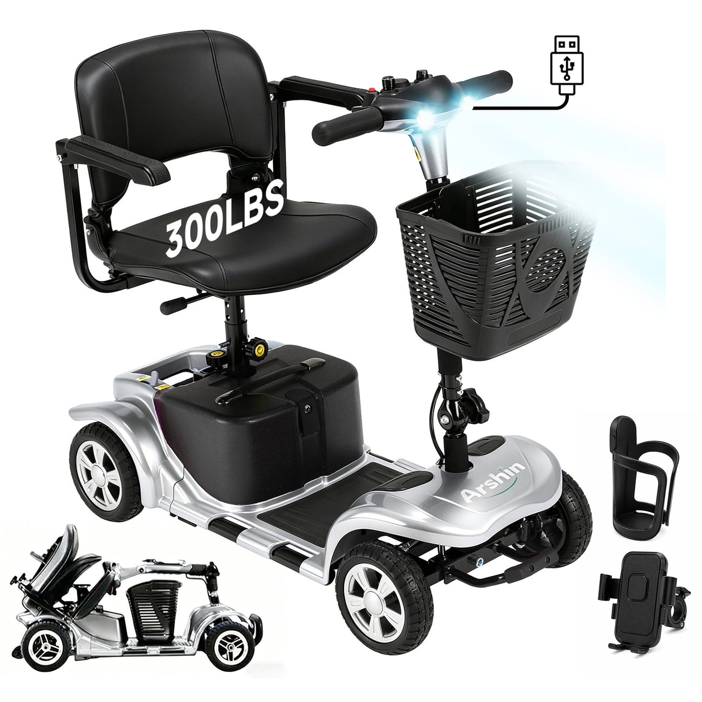 Arshin Upgrade 4 Wheels Mobility Scooters for Seniors & Adult,All Terrain Motorized Scooters with 300 lbs,Silver