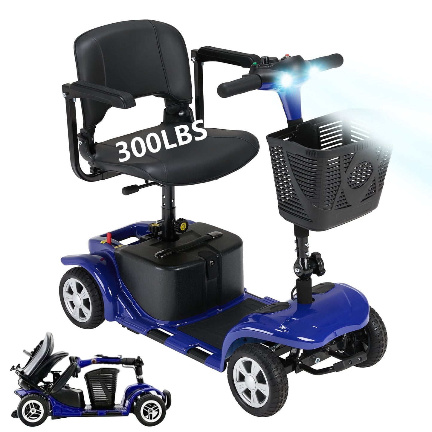 Upgrade 4 Wheels Mobility Scooters for Seniors & Adult,Foldable Electric Wheelchair for Adult,All Terrain Motorized Scooters with 300 LBS,Long Travel Range,Basket,Rotating Seat,Blue