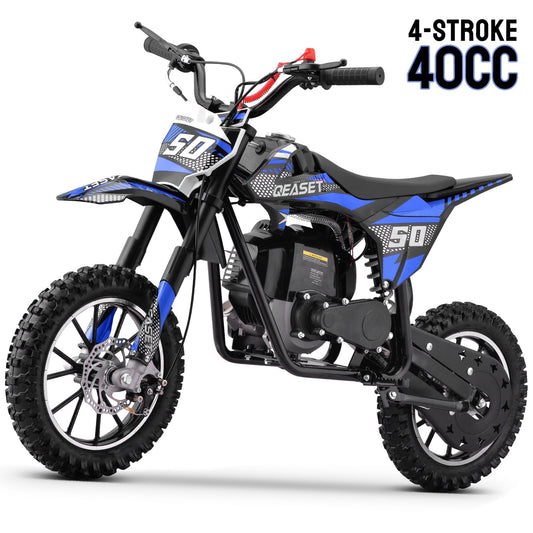 Upgrade Gas Dirt Bike,40cc 4-Stroke Gas Powered Kids Off Road Motorcycle with Off-Road Tire,Suspensions,Disc Brakes,Max Load 165Lbs,Up to 25Mph(Blue)