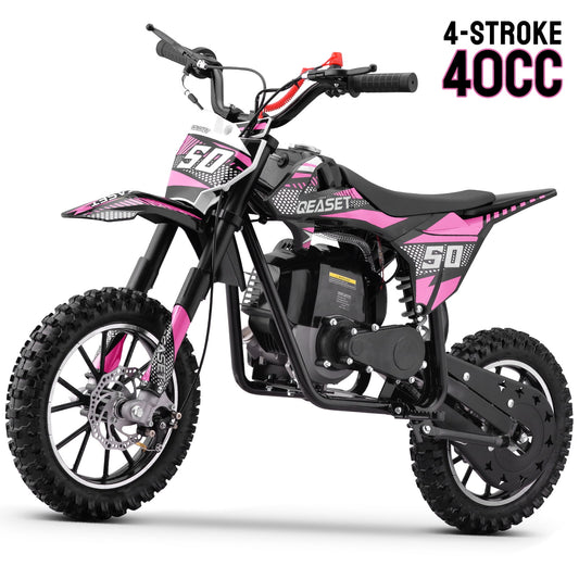 Upgrade Gas Dirt Bike,40cc 4-Stroke Gas Powered Kids Off Road Motorcycle with Off-Road Tire,Suspensions,Disc Brakes,Max Load 165Lbs,Up to 25Mph(Pink)