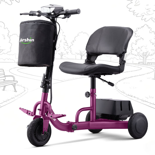 Upgrade Mobility Scooter Lightweight Foldable,All Terrain Mobility Scooters for Seniors & Adults,Arshin 300lbs Mobility Aids for Elderly,2 Batteries,Variable Speed(Purple)
