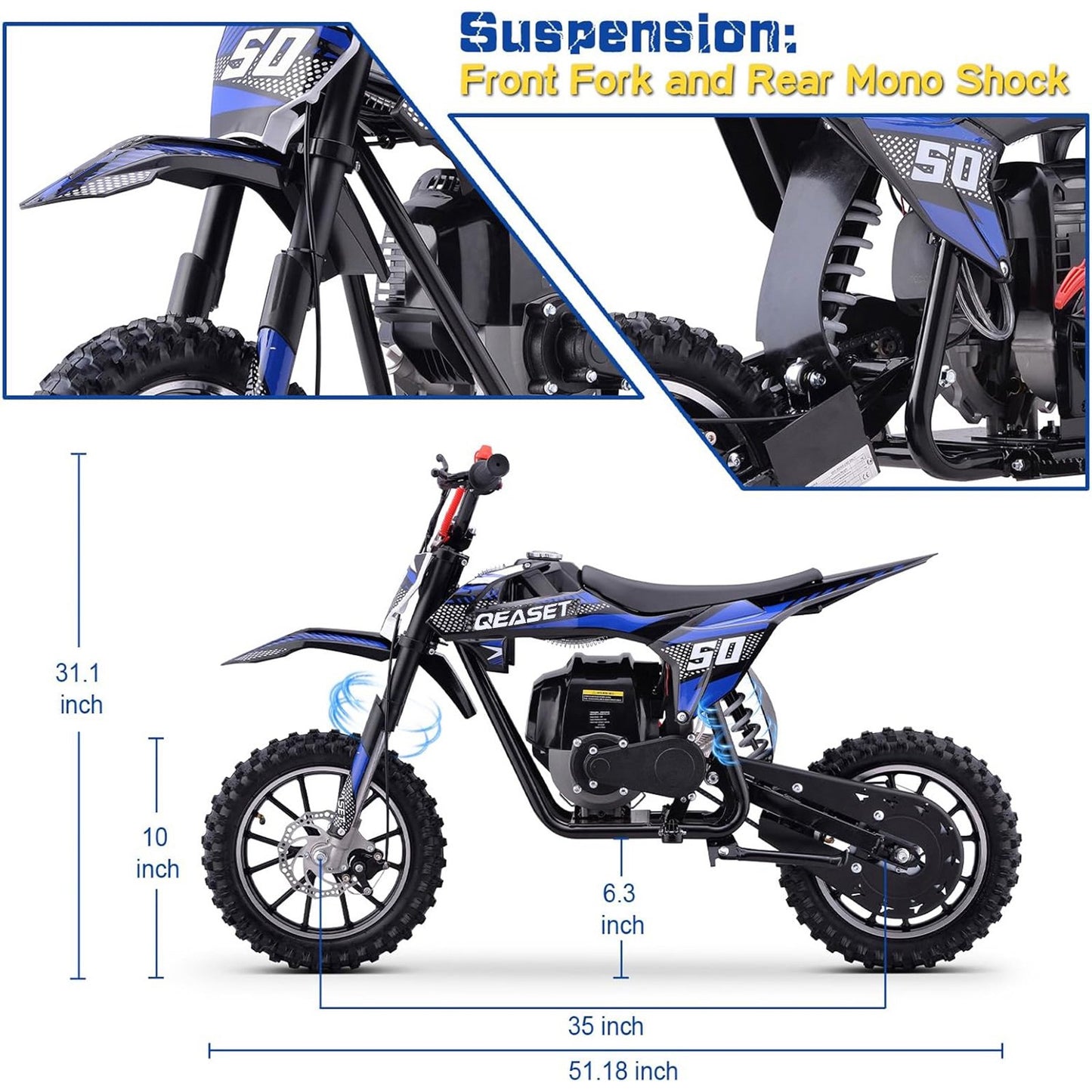 QEASET Gas Mini Dirt Bike, 39.4 CC 4-Stroke Dirt Bike, Rear Shock Absorber, Metal Frame, Disc Brakes, Max Load 165Lbs, Up to 20Mph, No Oil Mix Require, Blue