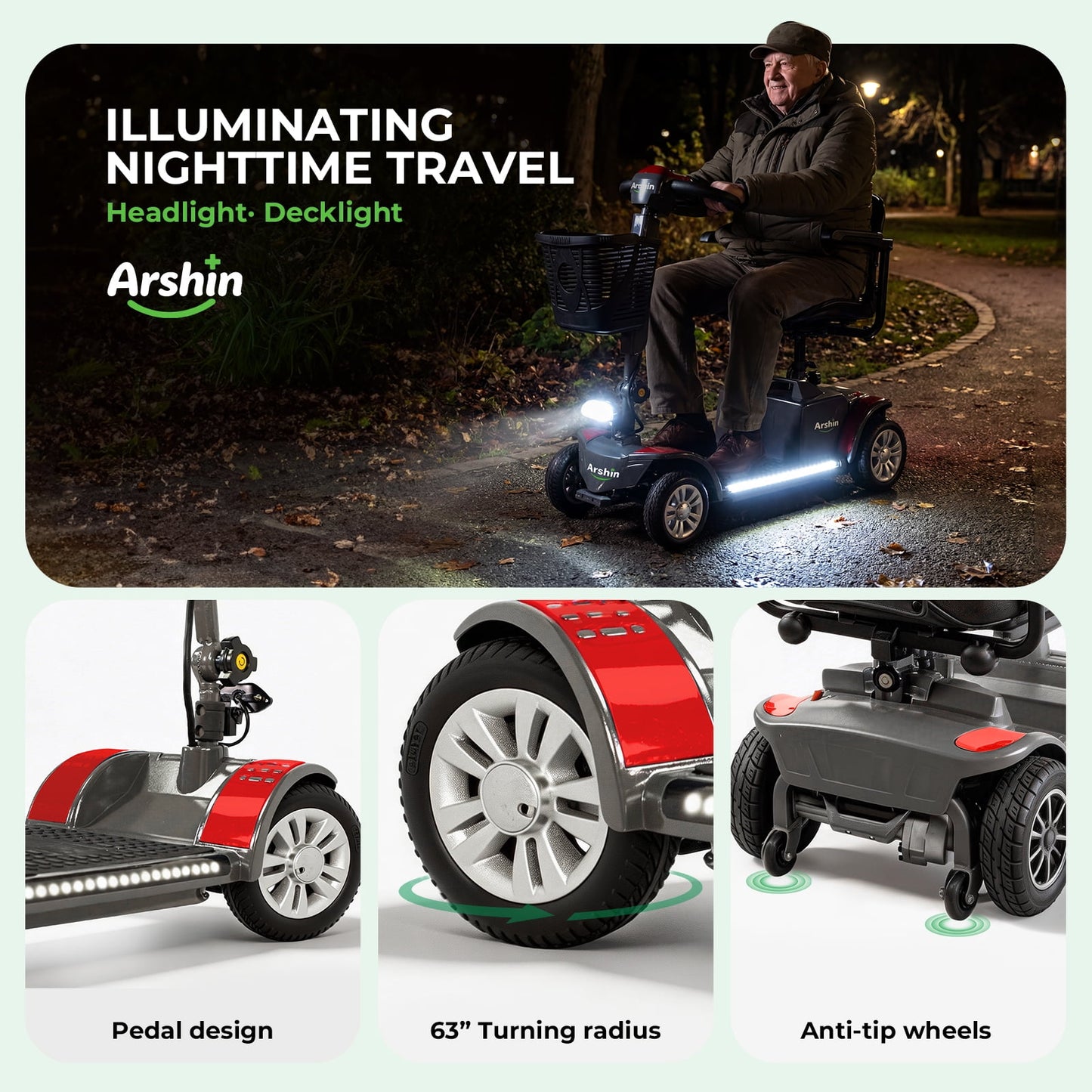 Arshin 4-Wheel Mobility Scooter for Seniors,Easy-to-Use,Foldable & Lightweight,300lbs,Red