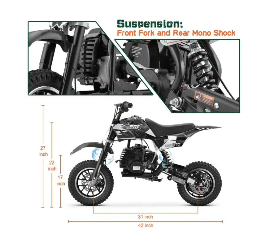 Aoemoe Mini Kid Dirt Bike, 49 CC 2-Stroke Gas Bike with Off-Rode Tire, Suspensions, Disc Brakes, Max Load 160Lbs, Up to 20Mph, EPA Approved