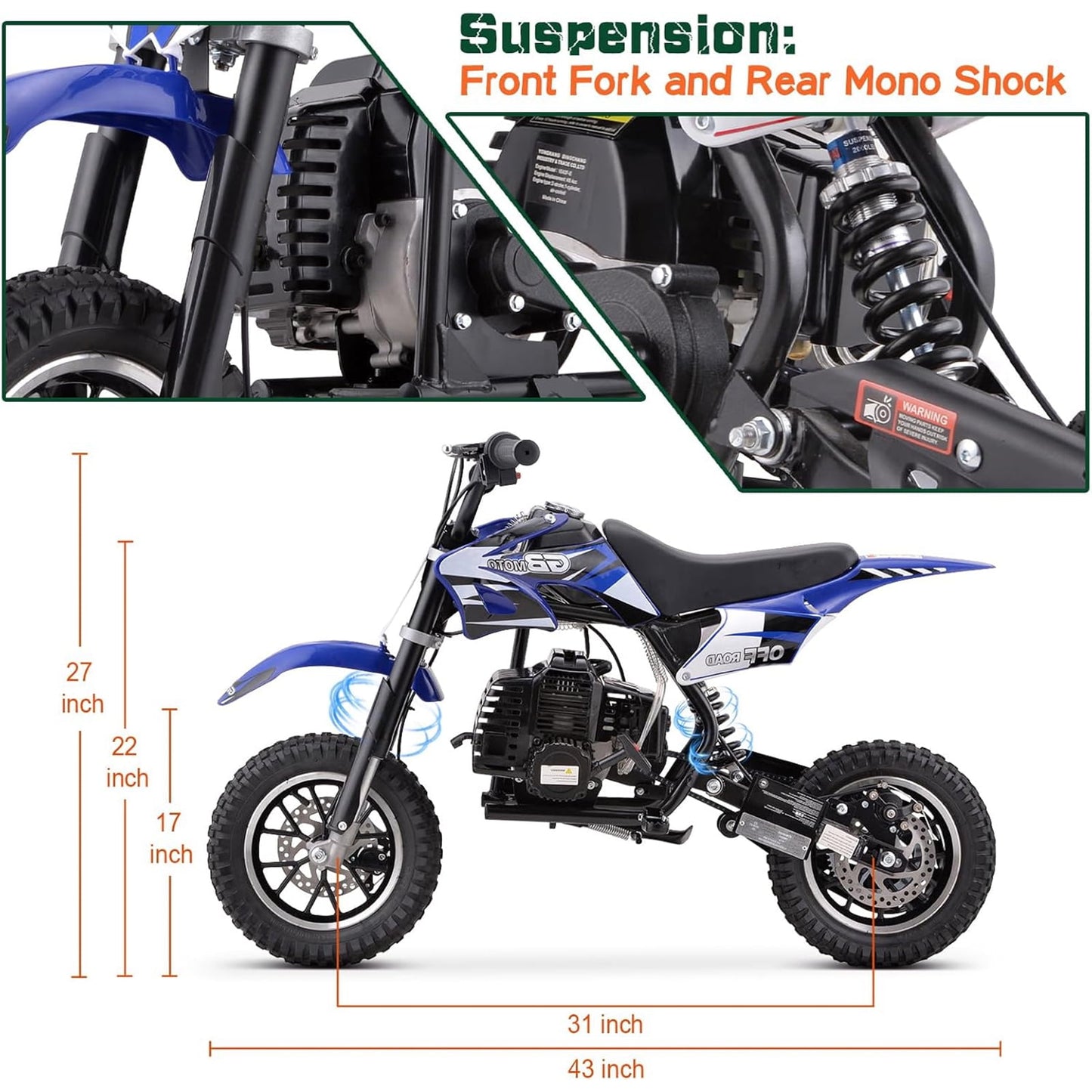 WAWA 49CC Dirt Bike, Mini Bike 2-Stroke Gas Powered off Road with Max Speed 20MPH, Pull Start