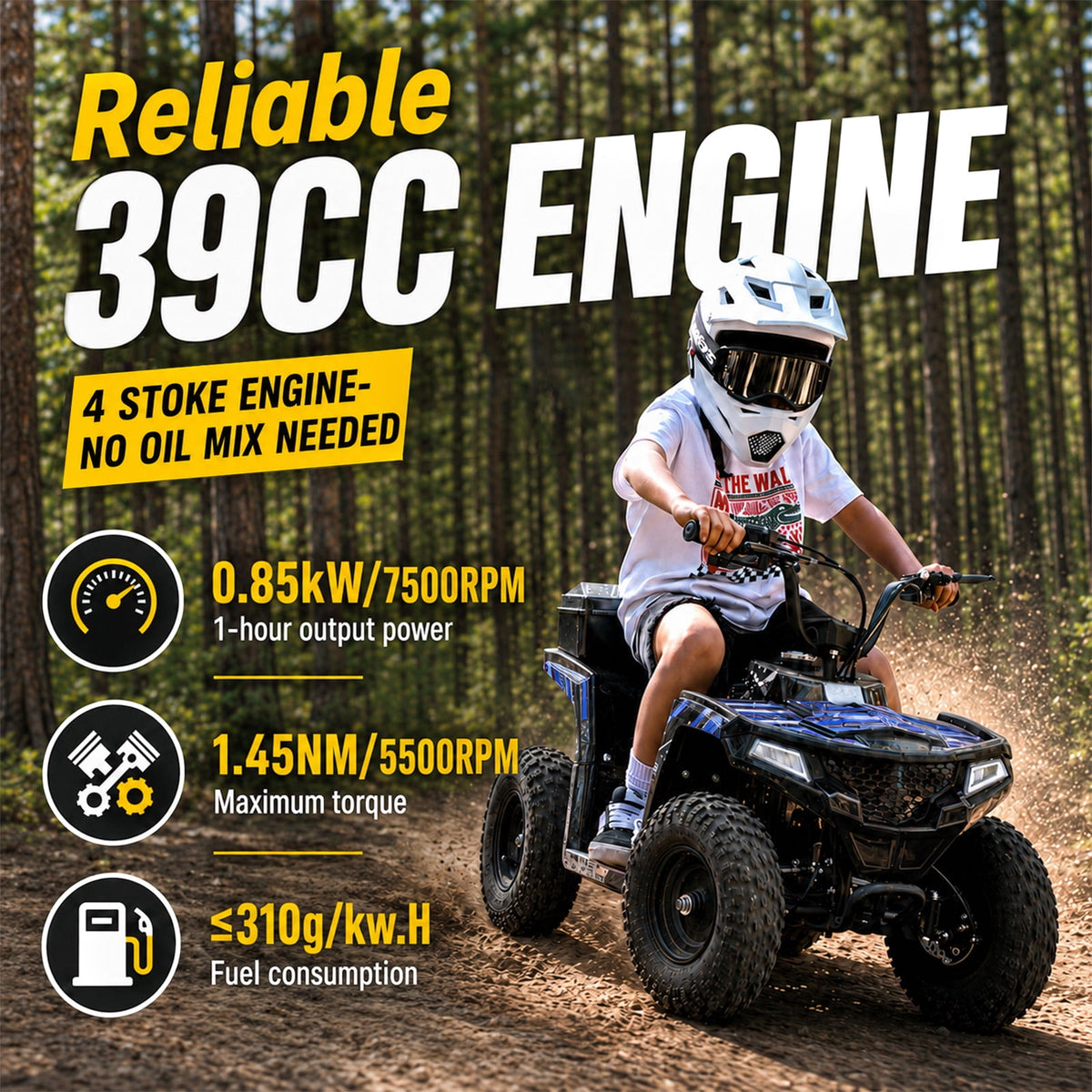39cc Teen Gas ATV, Gas Powered 4 Wheeler for Teens 13+, 4-Stroke Beginner ATV, Up to 15 MPH, Adjustable Speed, Safety Switches, Front & Rear Brakes Blue