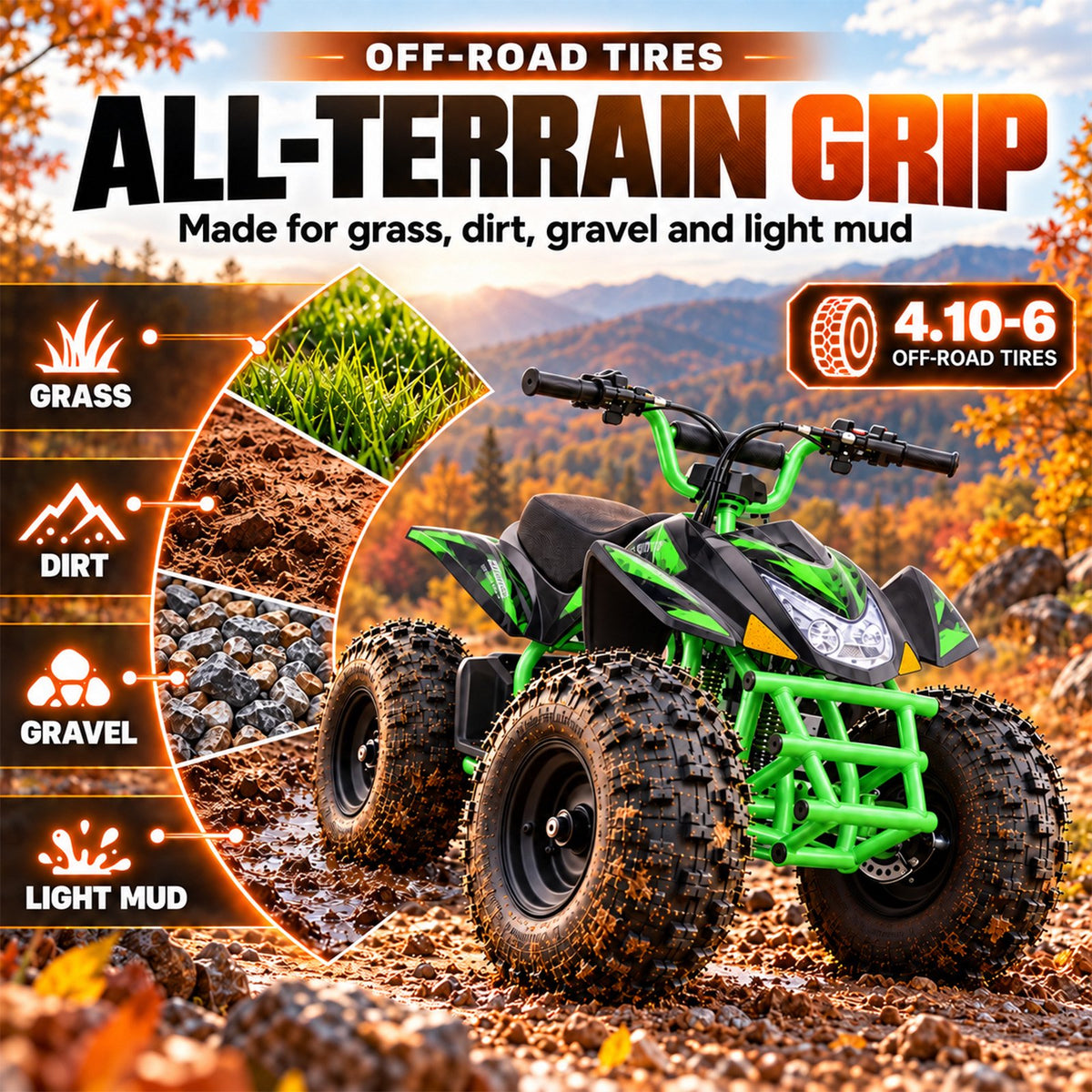 IVFJFV Powered 4 Wheeler,500W Electric 4 Wheeler with Dual Speed Adjustment,36V Four Wheeler Max 15 MPH, Front & Rear Shock Absorbers, All-Terrain Tires and Safety Disc Brake,GREEN