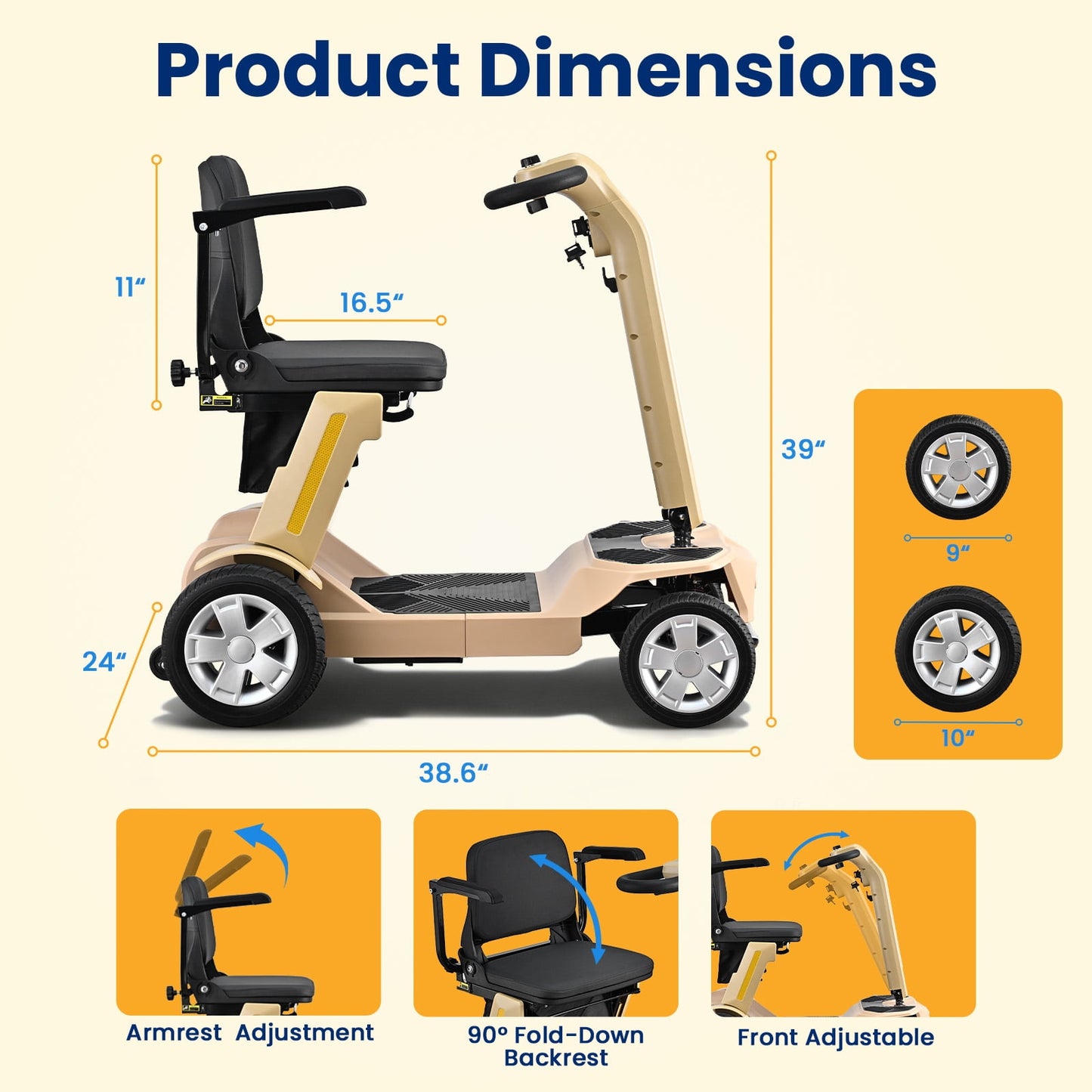 Easy-to-Use Mobility Scooter for Seniors,Lightweight Foldable,300lbs Capacity,Yellow