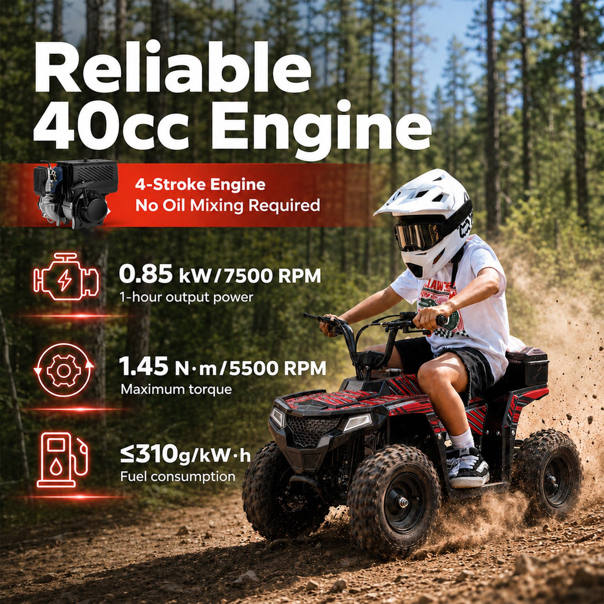 Aoemoe 40cc 4-Stroke Youth Ride-On for Ages 13+, Fuel Powered Pull Start with Front & Rear Disc Brakes, Adjustable Top Speed Up to 15 MPH, Safety Flag & Parental Speed Control, Red