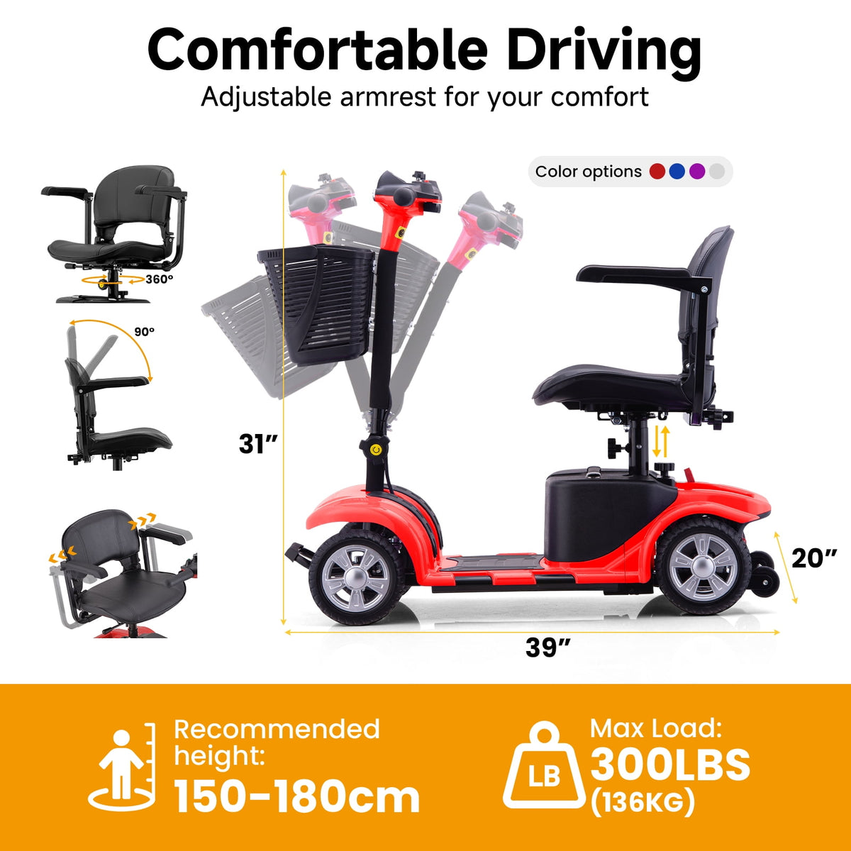 Ostrina All-Terrain Mobility Scooter with USB Charge,300lbs Foldable Powered Wheelchair for Adult,Compact Heavy Duty Mobile for Travel,Removable Battery,Red