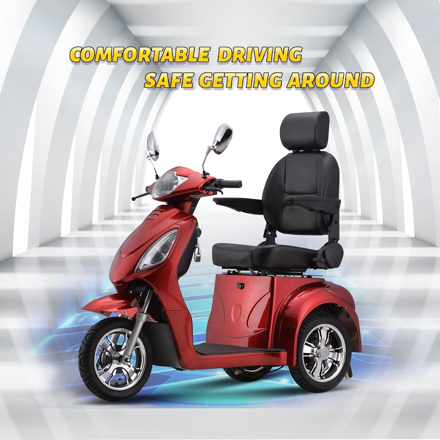 Super Large Electric 3 Wheel Mobility Scooters, Heavy Duty 800W Wheelchair Device, 500 LBS Capacity for Seniors & Adults, Speed Adjust, Remote Key, Receive Ready to Ride.（Red）