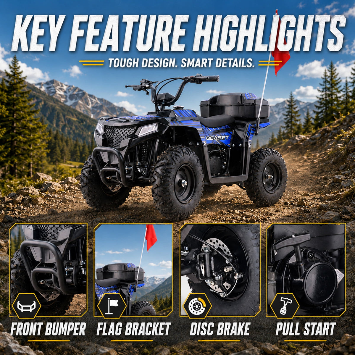 39cc Teen Gas ATV, Gas Powered 4 Wheeler for Teens 13+, 4-Stroke Beginner ATV, Up to 15 MPH, Adjustable Speed, Safety Switches, Front & Rear Brakes Blue