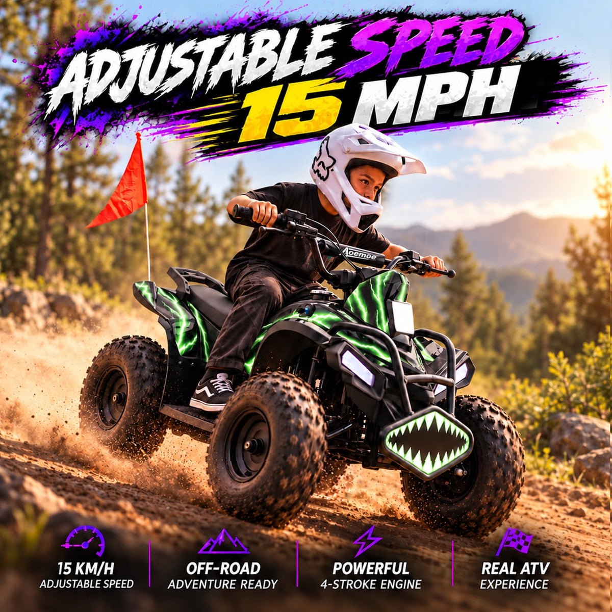 40cc Kid Gas ATV, Gas Powered 4 Wheeler for Kid 6+, 4-Stroke Beginner ATV, Up to 15 MPH, Adjustable Speed, Safety Switches, Front & Rear Brakes - Green