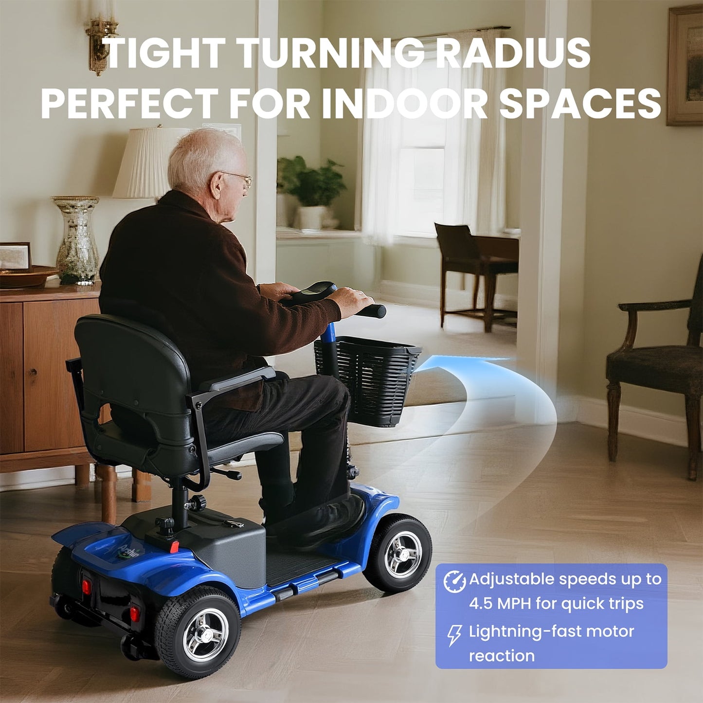 Arshin Mobility Scooter,4 Wheel Mobility Scooter for Adults,Senior,Electric Powered Wheelchair Chargeable Device for Travel,Blue