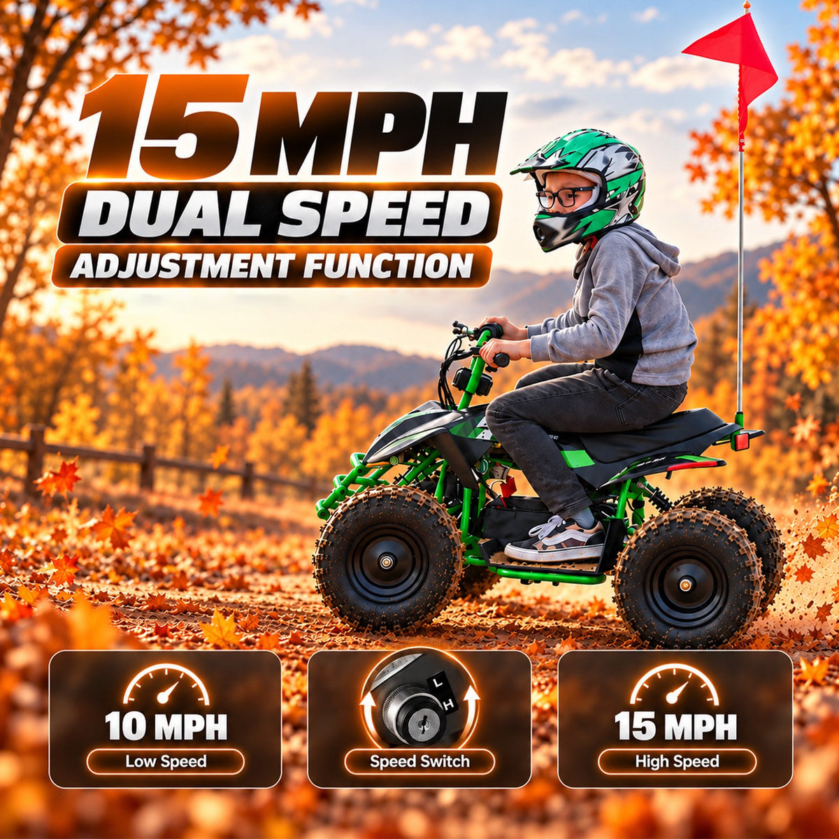 IVFJFV Powered 4 Wheeler,500W Electric 4 Wheeler with Dual Speed Adjustment,36V Four Wheeler Max 15 MPH, Front & Rear Shock Absorbers, All-Terrain Tires and Safety Disc Brake,GREEN