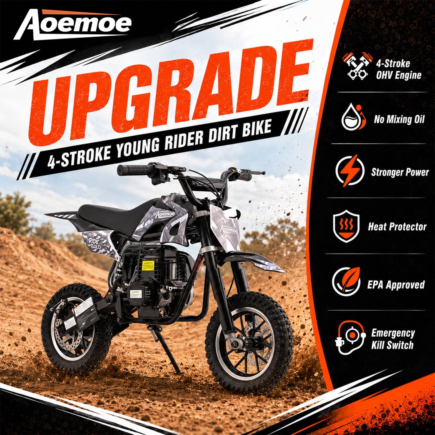 Aoemoe 49cc Kids Dirt Bike, Gasoline Powered 2-Stroke Mini Motorcycle, 1-Seater, Black