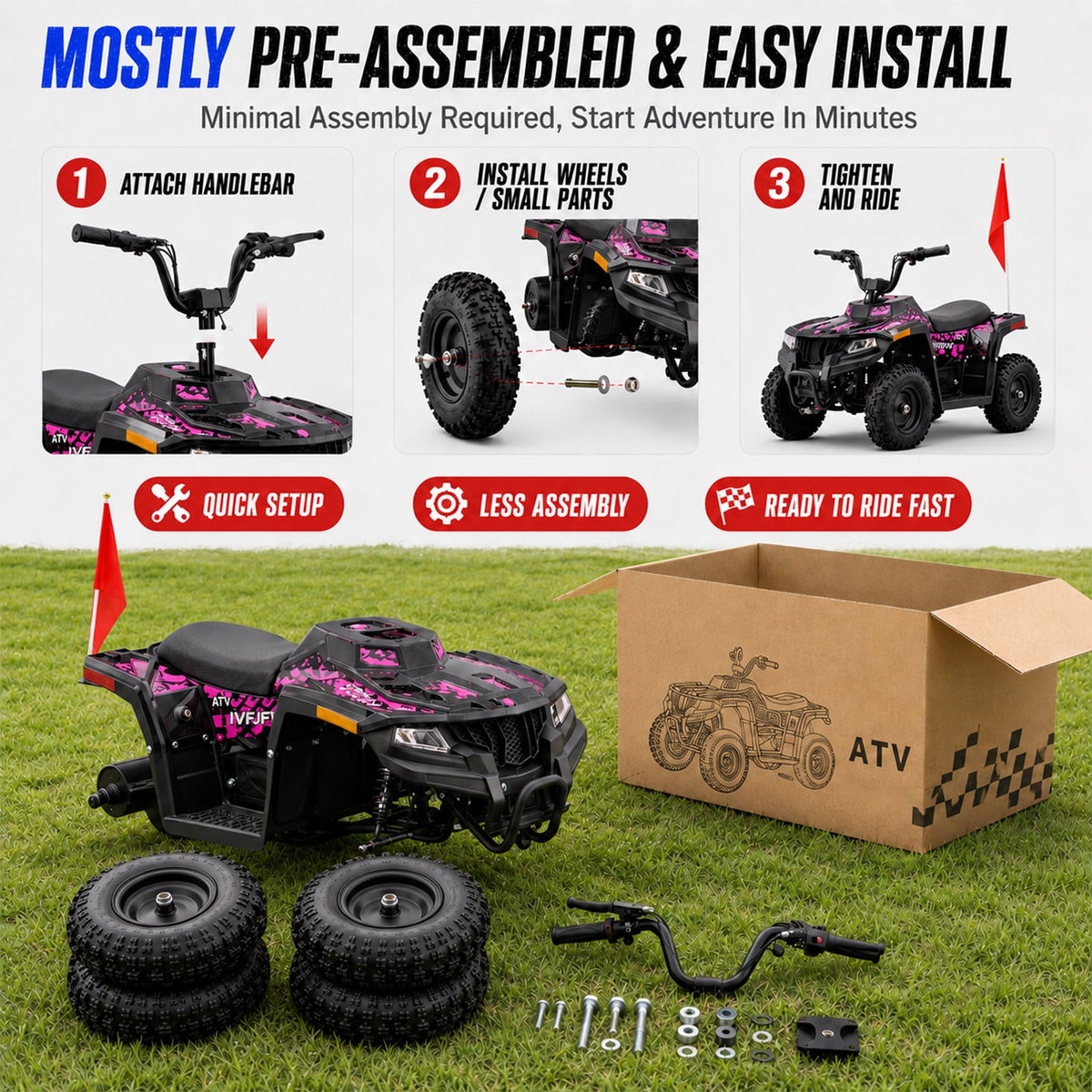 36V Electric 500W Motor 4-Wheeler with Front & Rear Suspension, IVFJFV Electric 4-wheel Off-Road Tires & Safety Flag & LED Headlights,Power Ride on Car for Age 6+