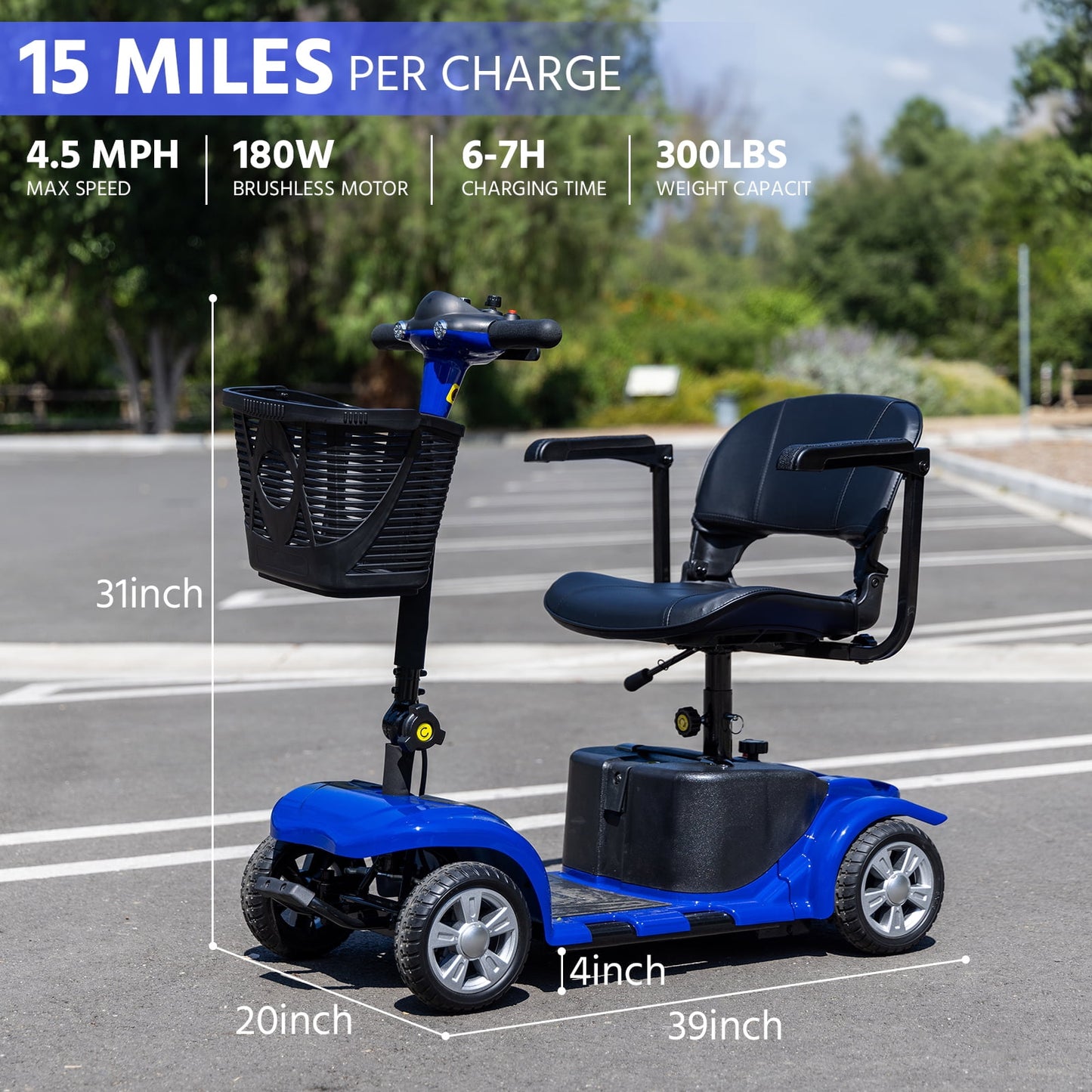 Arshin 4 Wheels Mobility Scooter with USB Port for Seniors,Electric Folding Wheelchair Device for Travel,Blue