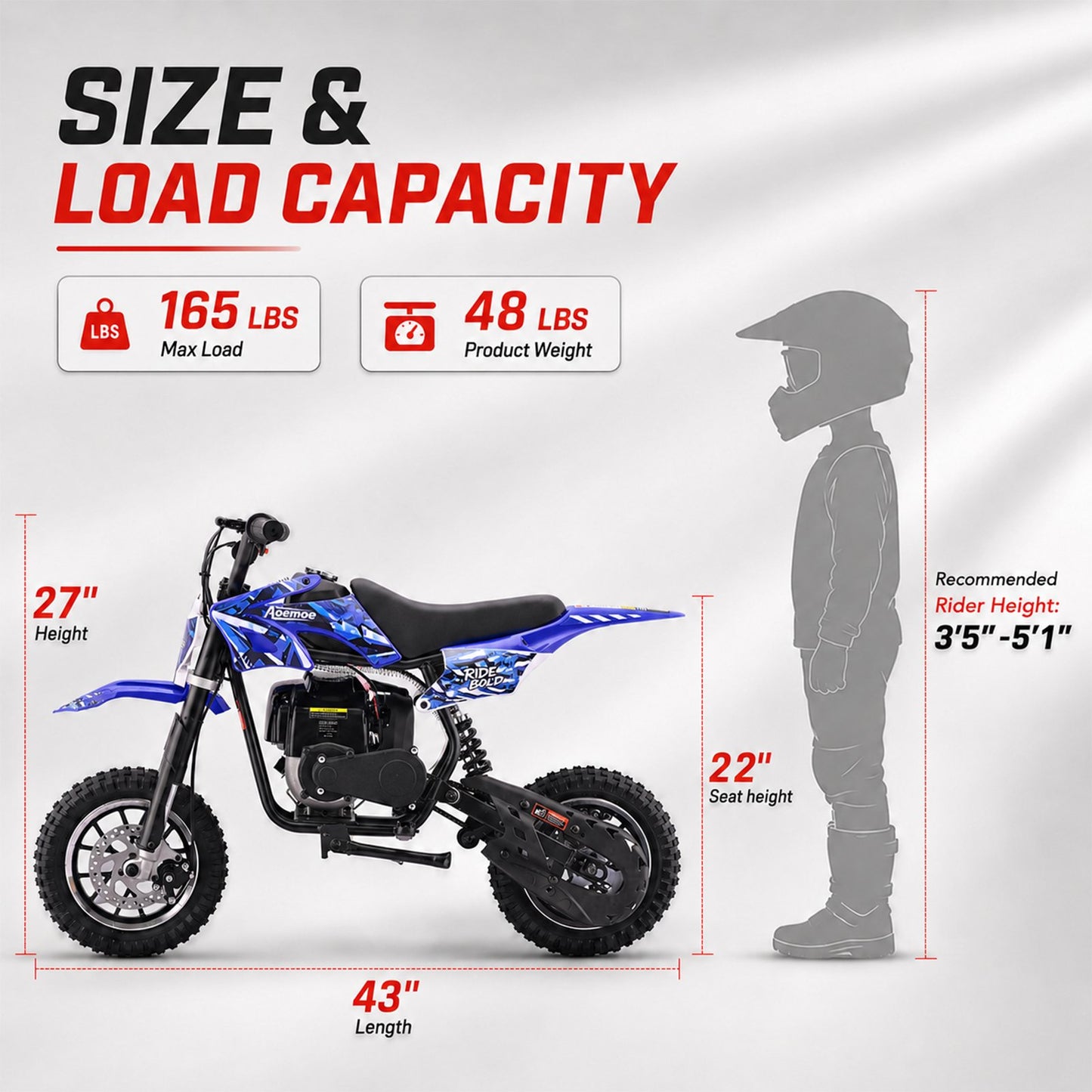 Aoemoe dirt bicycles, 39cc gas power motorcycle, 45×24×16in , 4-Stroke, dirt bicycles for kid 8 14, Blue