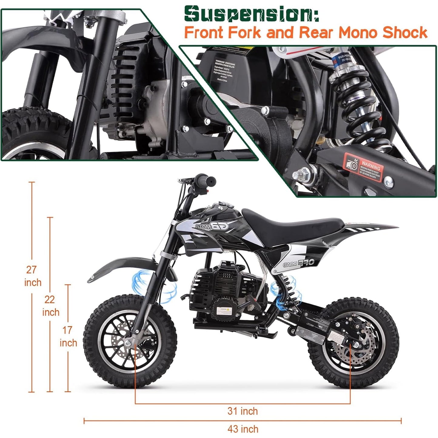 WAWA 49CC Dirt Bike, Mini Bike 2-Stroke Gas Powered off Road with Max Speed 20MPH, Pull Start