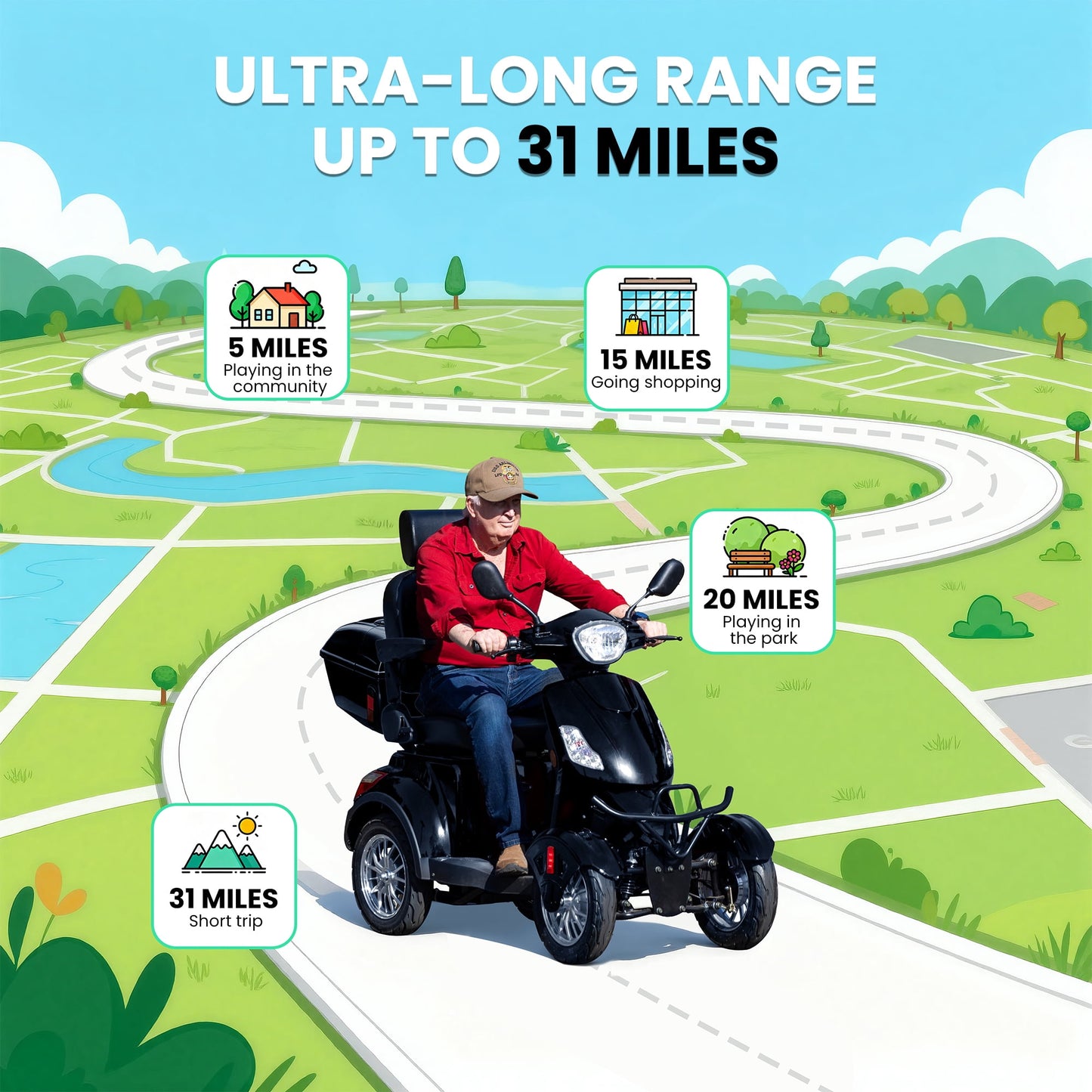 Tcdjtc 4 Wheel Mobility Scooters for Seniors, Adult Scooter with 800W Motor, Motorized Scooter for Adults, Heavy Duty Electric Scooter with 500 lb Capacity, 31 Miles Long Range, Instructions Included