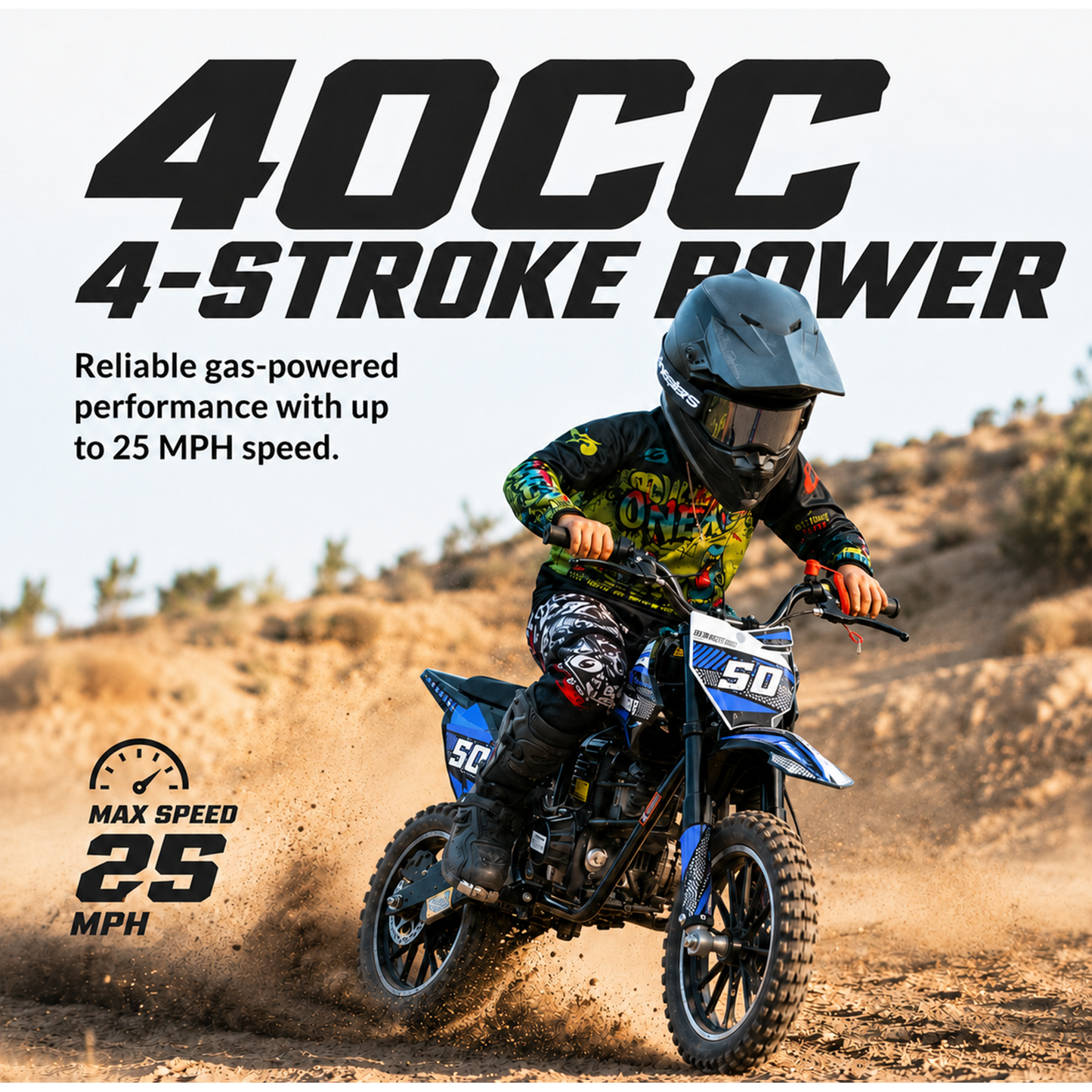 Aoemoe 39cc motor bike, 20mph gas dirt bikes for boys 8 12, Disc Brakes, Max Load 165Lbs, kids dirt bike, Blue