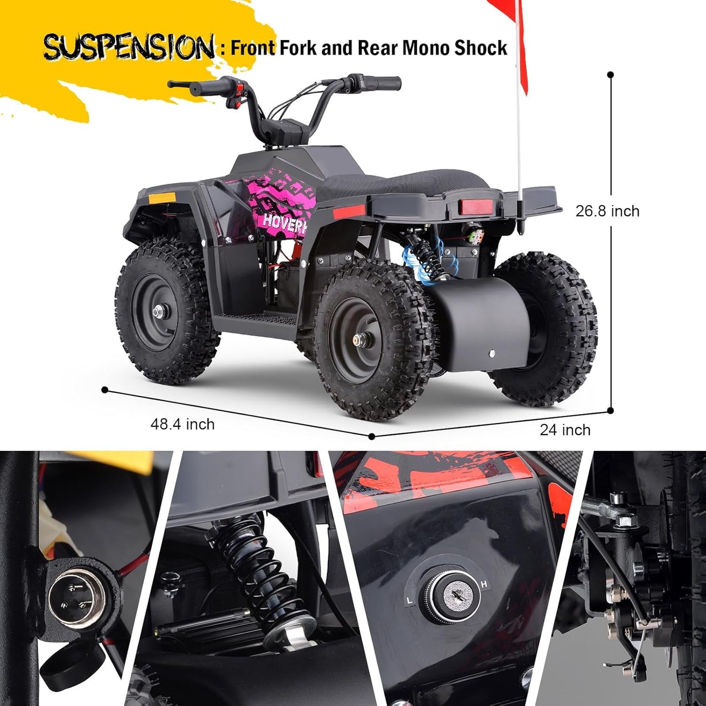 36V Electric 500W Motor 4-Wheeler with Front & Rear Suspension, IVFJFV Electric 4-wheel Off-Road Tires & Safety Flag & LED Headlights,Power Ride on Car for Age 8-14