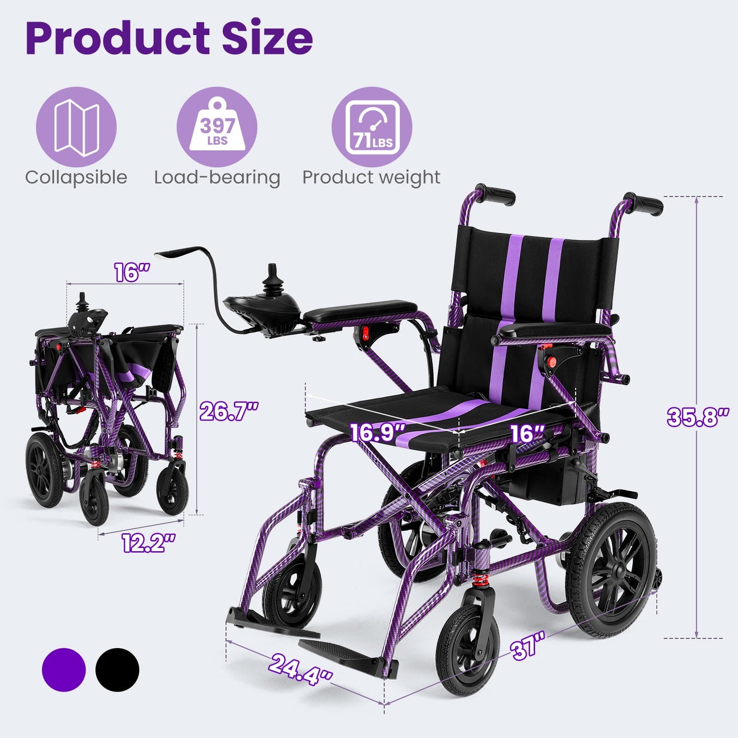 Arshin Upgrade 15+ Miles Range Electric Wheelchairs for Adults,Arshin Electric Wheelchair Lightweight Foldable with 360°Joystick,All Terrain Dual Motors Silent,USB Port,397 lbs Capacity(Purple)
