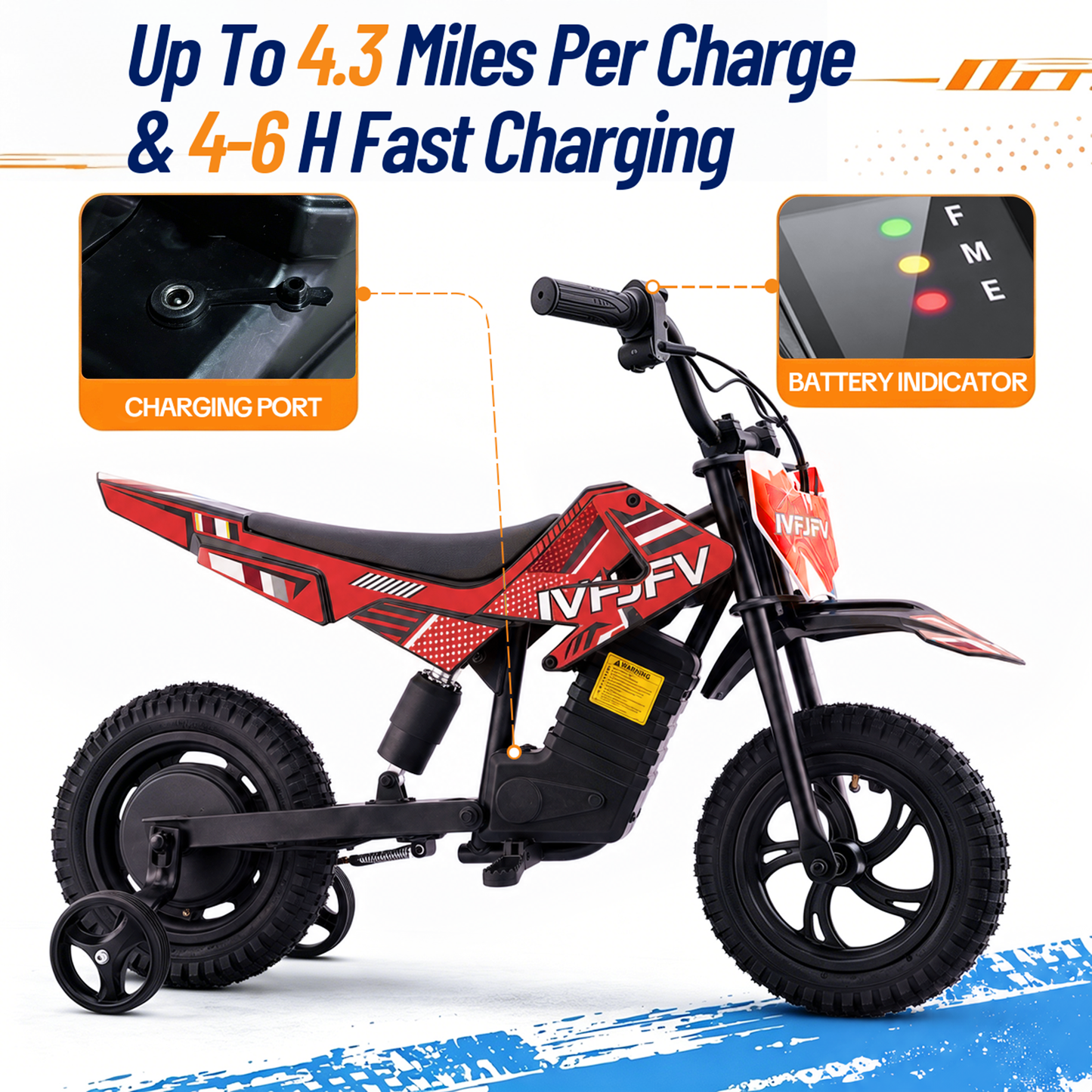 IVFJFV DZ06 Electric-Powered Dirt Bike,Motor Bike Rear-wheel drive with Removable Training Wheels,E Dirt Bike with 12.5" Tire & 120W Motor,6.2 Mph & 4.3 Miles,Red