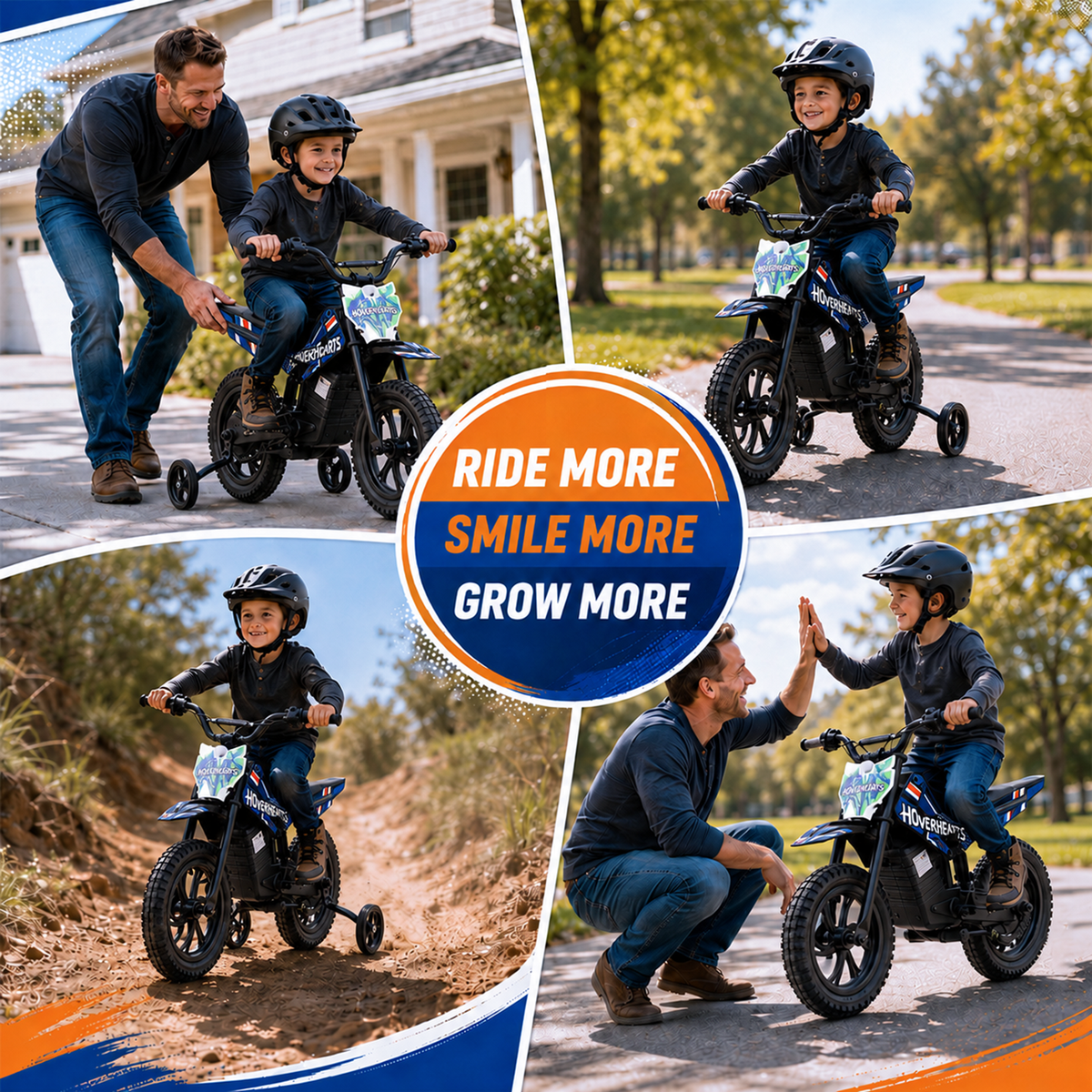 Aoemoe Electric Ride On Mini Bike for Beginners, 25.2V 2.6Ah Battery, Training Wheels & Rear Shock, 6.2 MPH Max Speed, All-Terrain Outdoor Toy, Blue