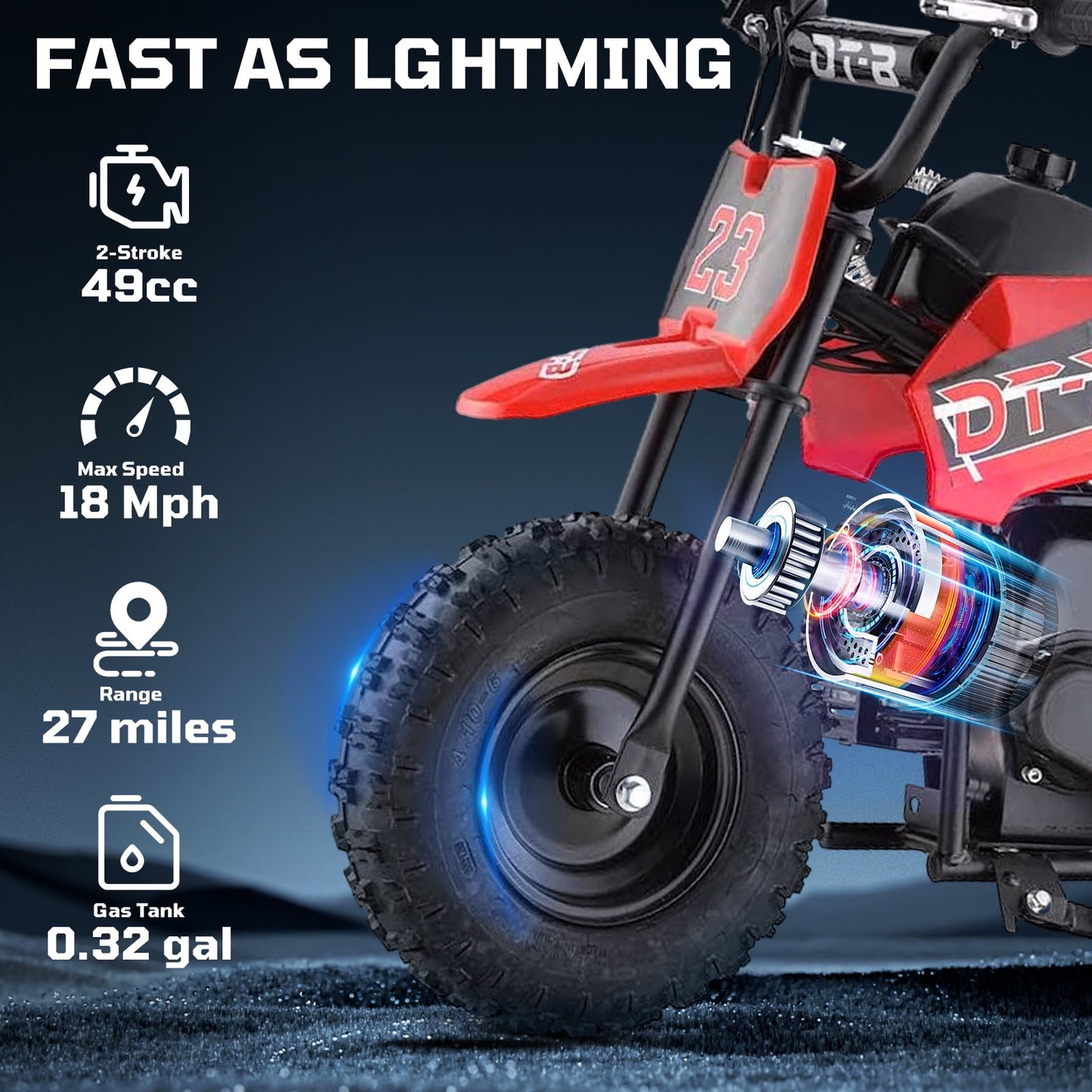 Aoemoe Mini Kid Dirt Bike, 49 CC 2-Stroke Gas Bike with Off-Rode Tire, Suspensions, Disc Brakes, Max Load 160Lbs, Up to 20Mph, EPA Approved