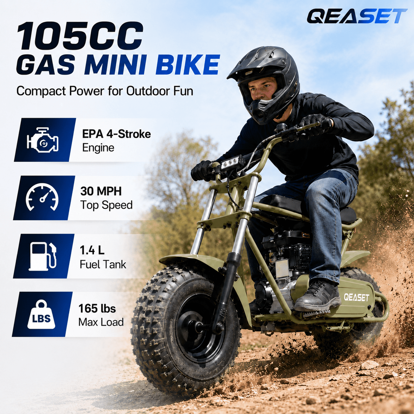 QEASET 105CC 4-Stroke Mini Bike with Shock Absorption, Off-Road Motorcycle, Green
