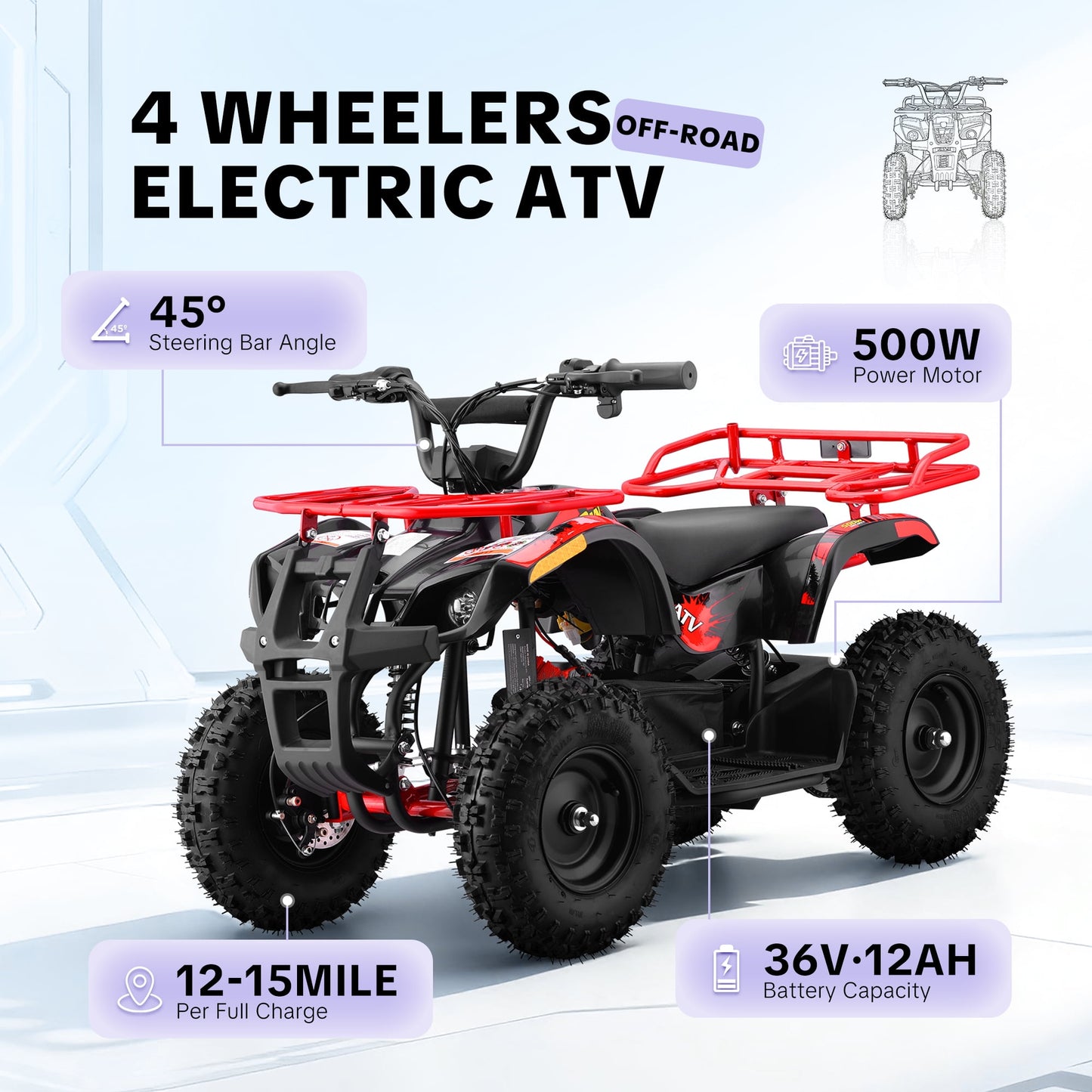 HOVER HEART Electric Dirt Quad, 36V 500W 4-Wheeler, Dual Suspensions, Age 13+