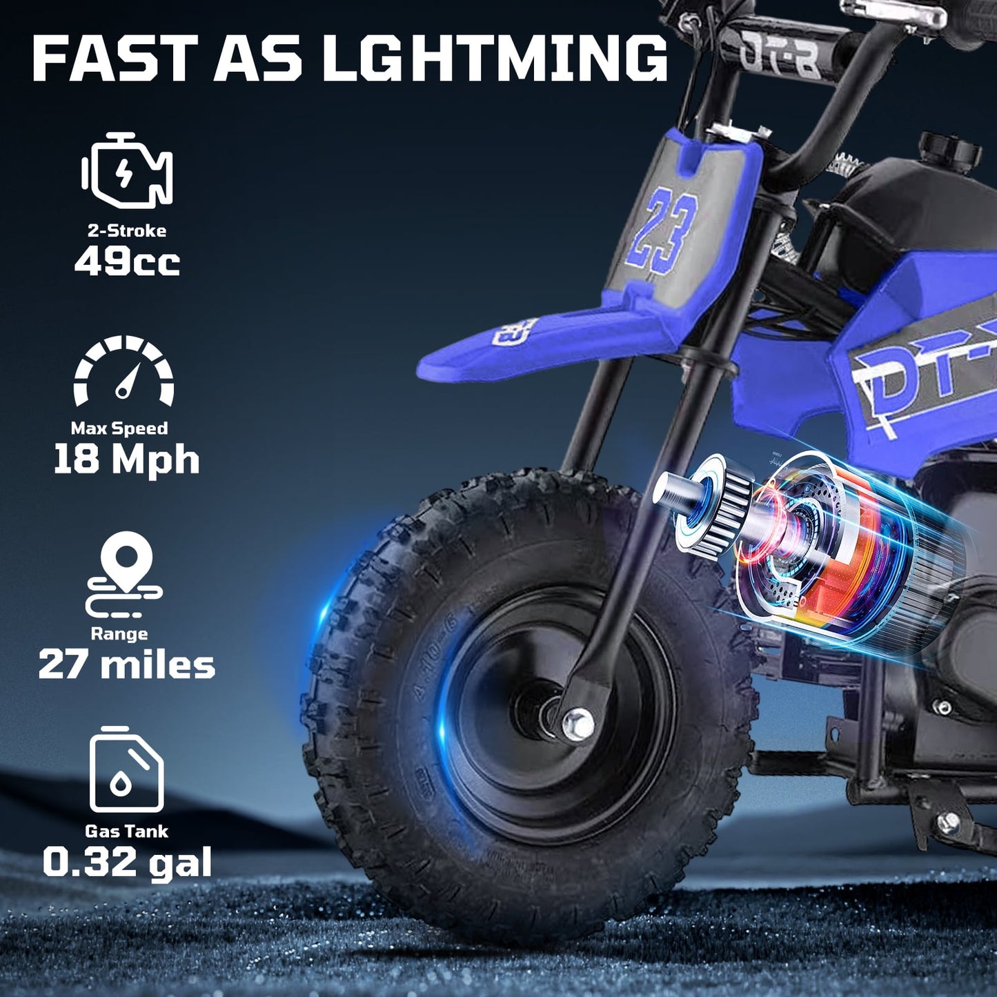 Aoemoe Mini Kid Dirt Bike, 49 CC 2-Stroke Gas Bike with Off-Rode Tire, Suspensions, Disc Brakes, Max Load 160Lbs, Up to 20Mph, EPA Approved