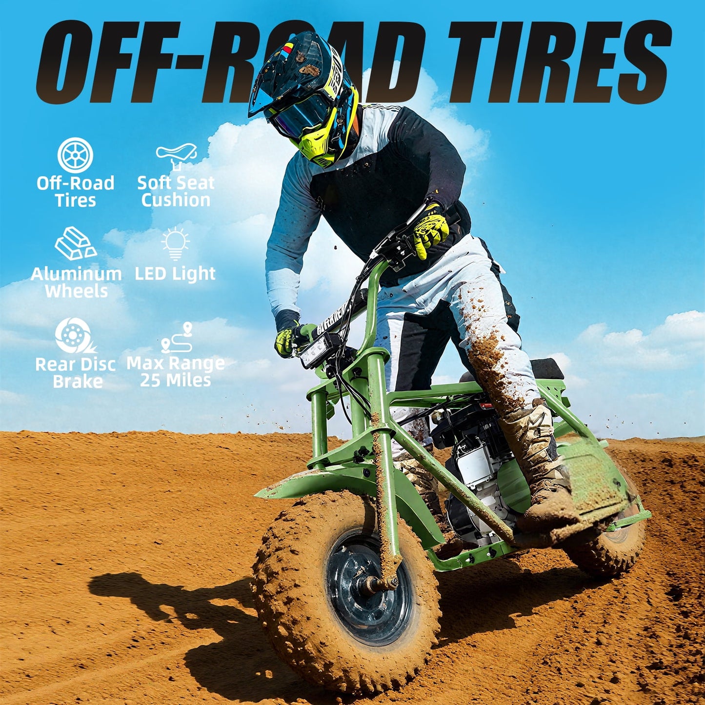 QEASET 99cc Dirt Bike, Gas Powered, 4-Stroke with LED Headlight, 25MPH Minibike Trail Bike, Pull Start, Poucket Bike for Teenager and Adult, Summer Gift