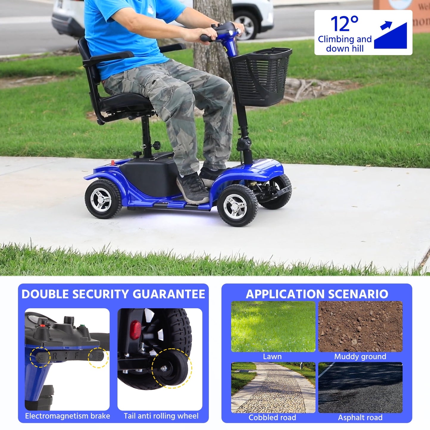 Arshin Upgrade 4 Wheels Mobility Scooter with Removable Battery,Compact Heavy Duty Mobile for Travel,Foldable Powered Wheelchair for Adult,300lbs,Blue