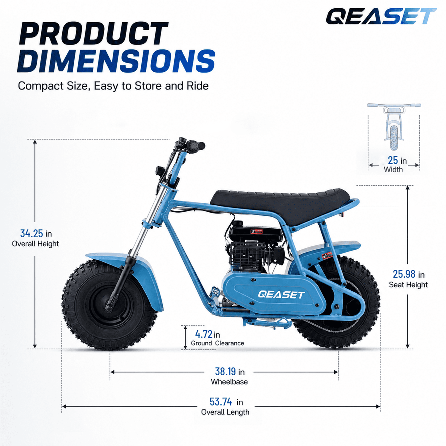 QEASET 105CC 4-Stroke Mini Bike with Shock Absorption, Off-Road Motorcycle, Blue